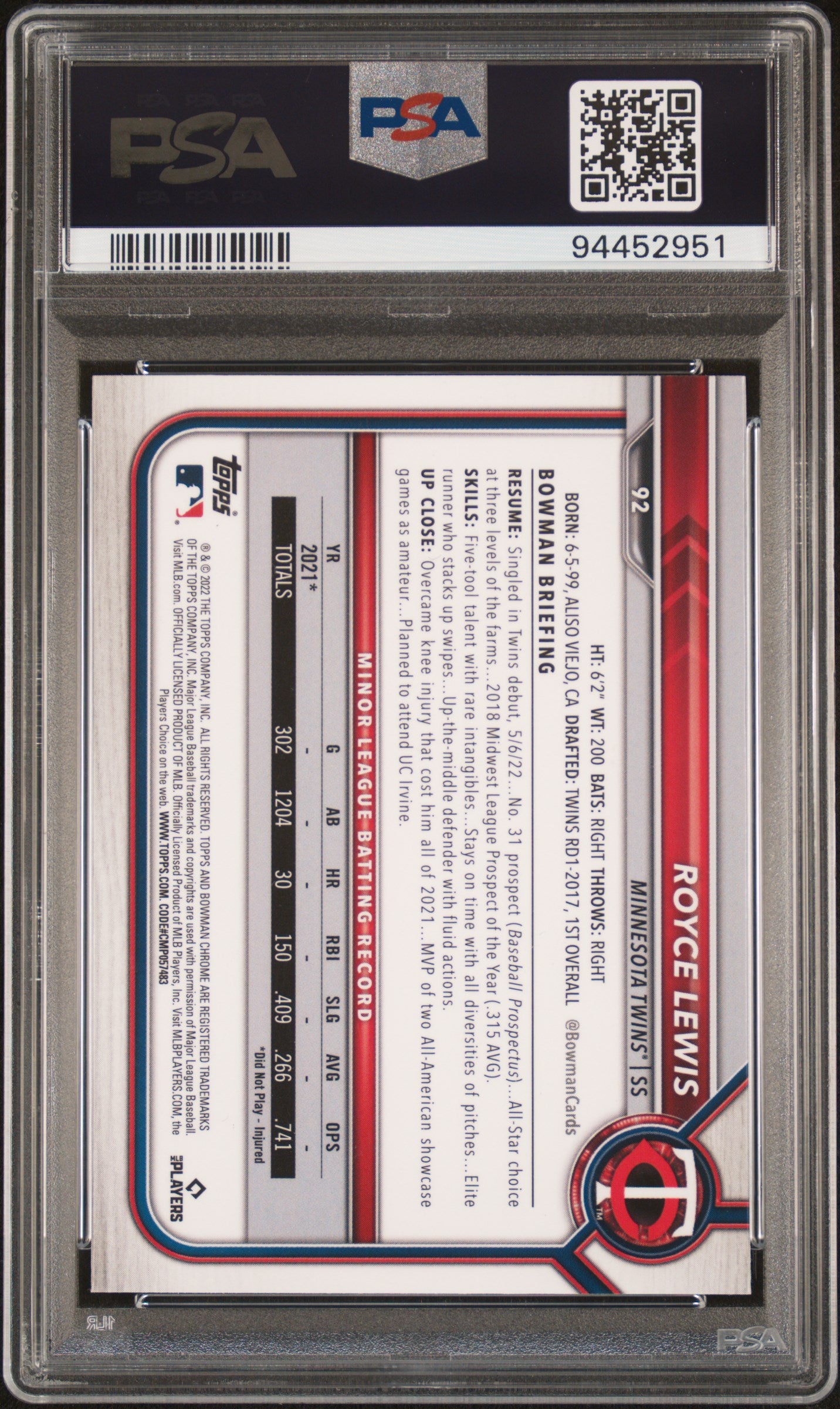 2022 Bowman Chrome Sapphire Edition #92 Royce Lewis PSA 10