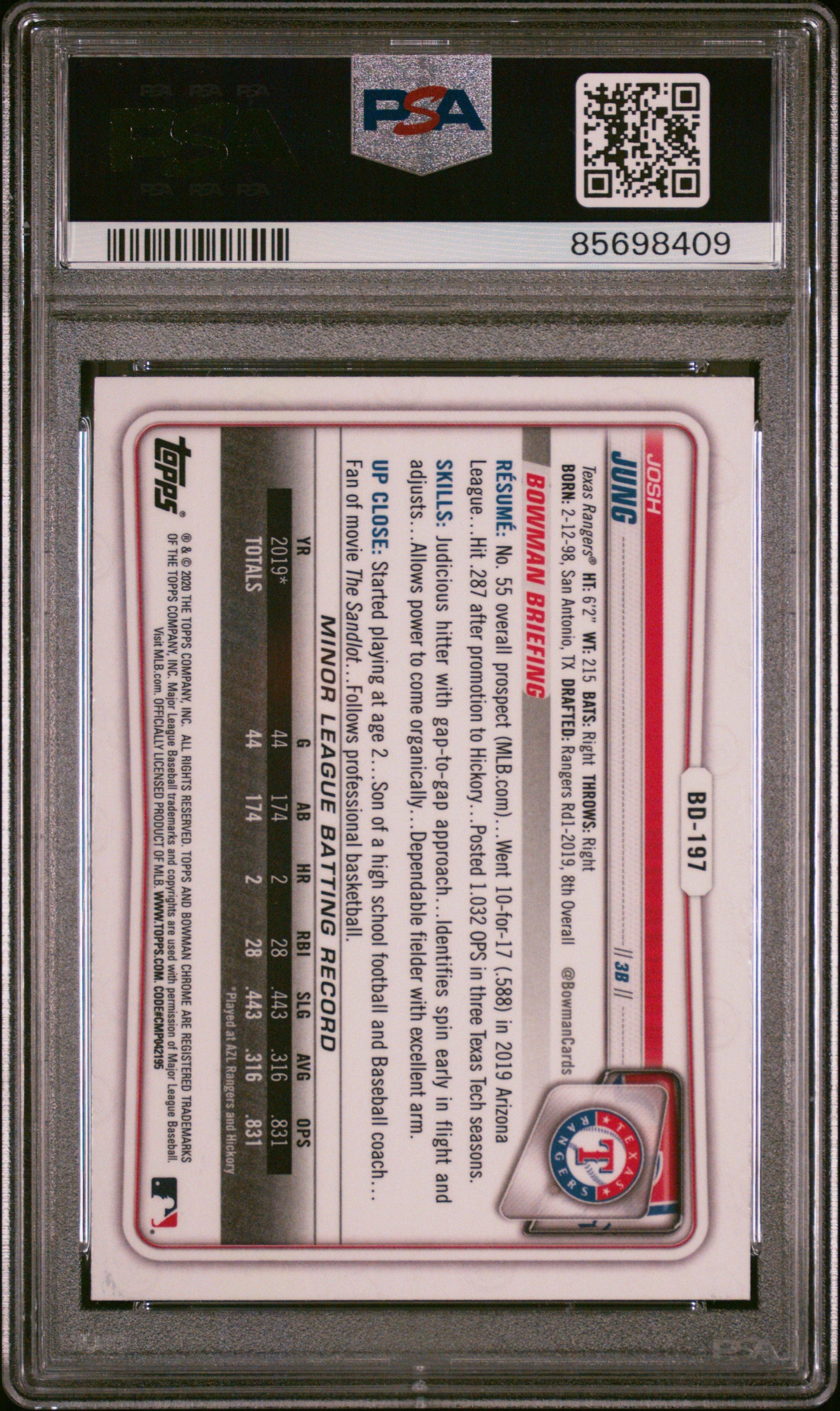 2020 Bowman Draft #BD197 Josh Jung Chrome-Sparkle Refractor PSA 10