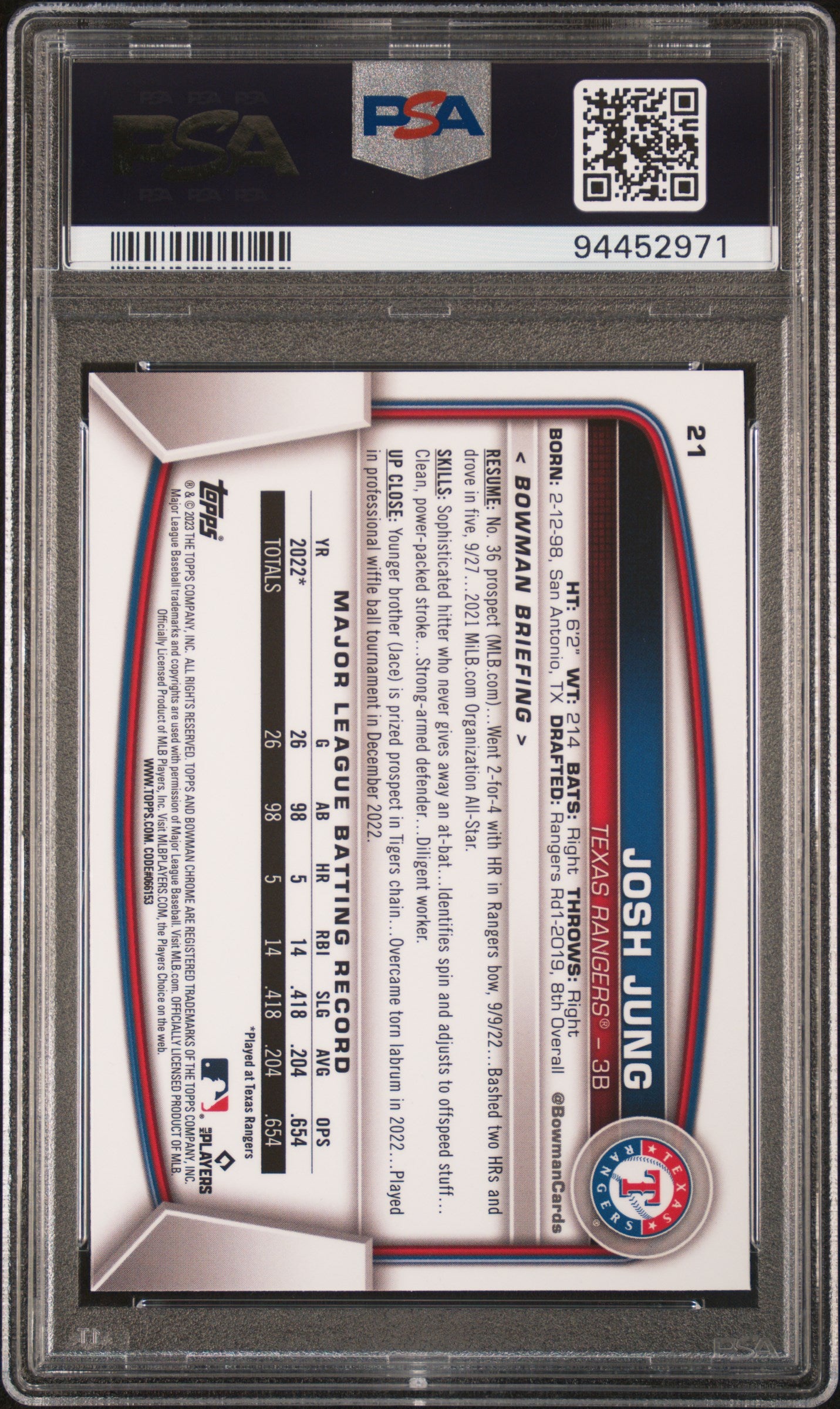 2023 Bowman Chrome Sapphire Edition #21 Josh Jung PSA 10