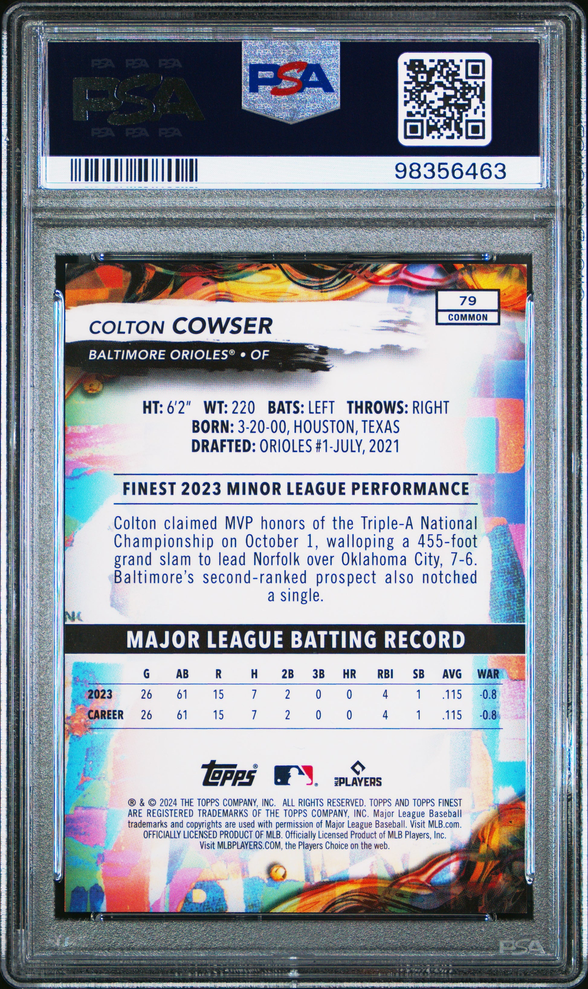 2024 Topps Finest #79 Colton Cowser Blue Refractor PSA 10