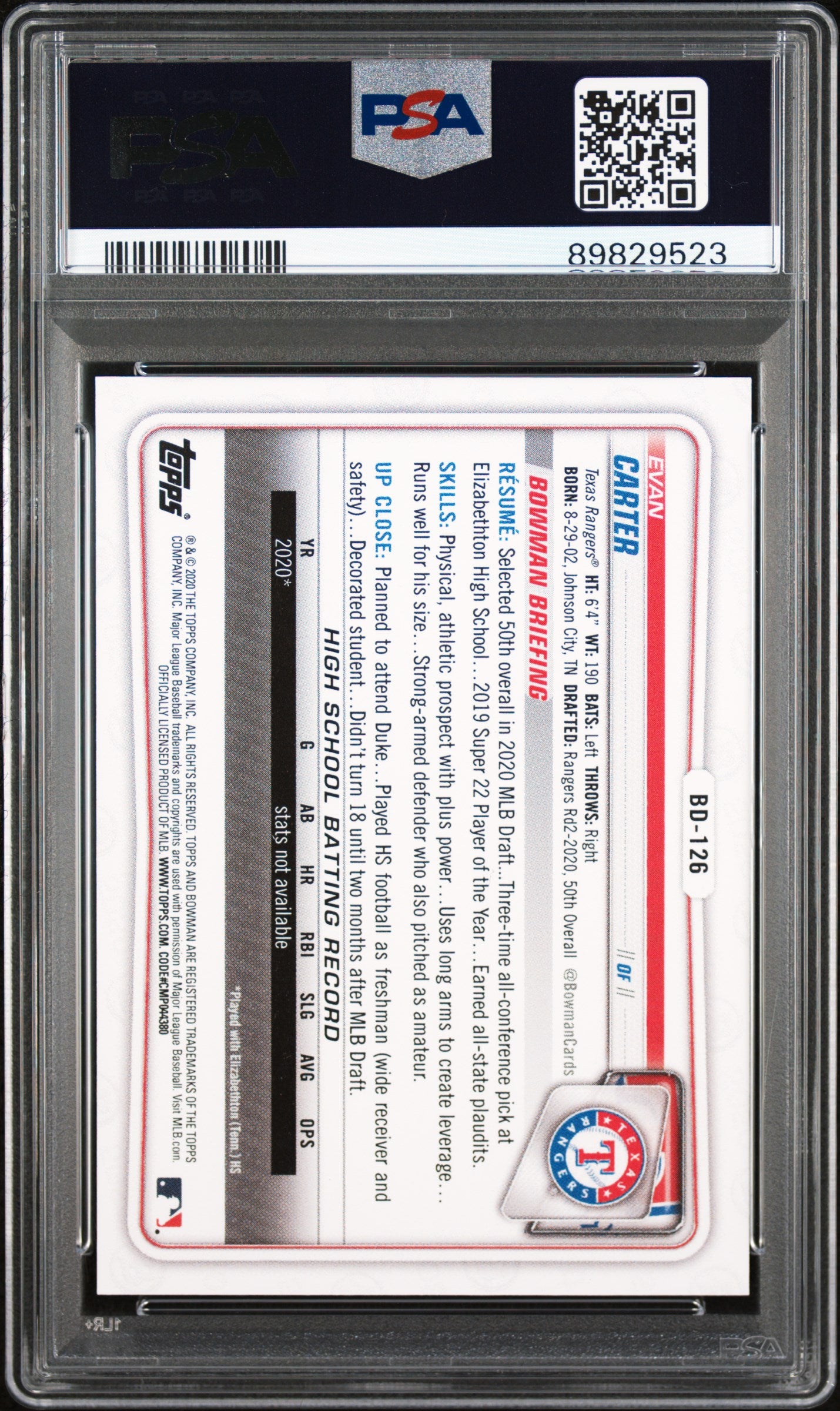 2020 Bowman Draft 1st Edition #BD126 Evan Carter 1st Edition PSA 10