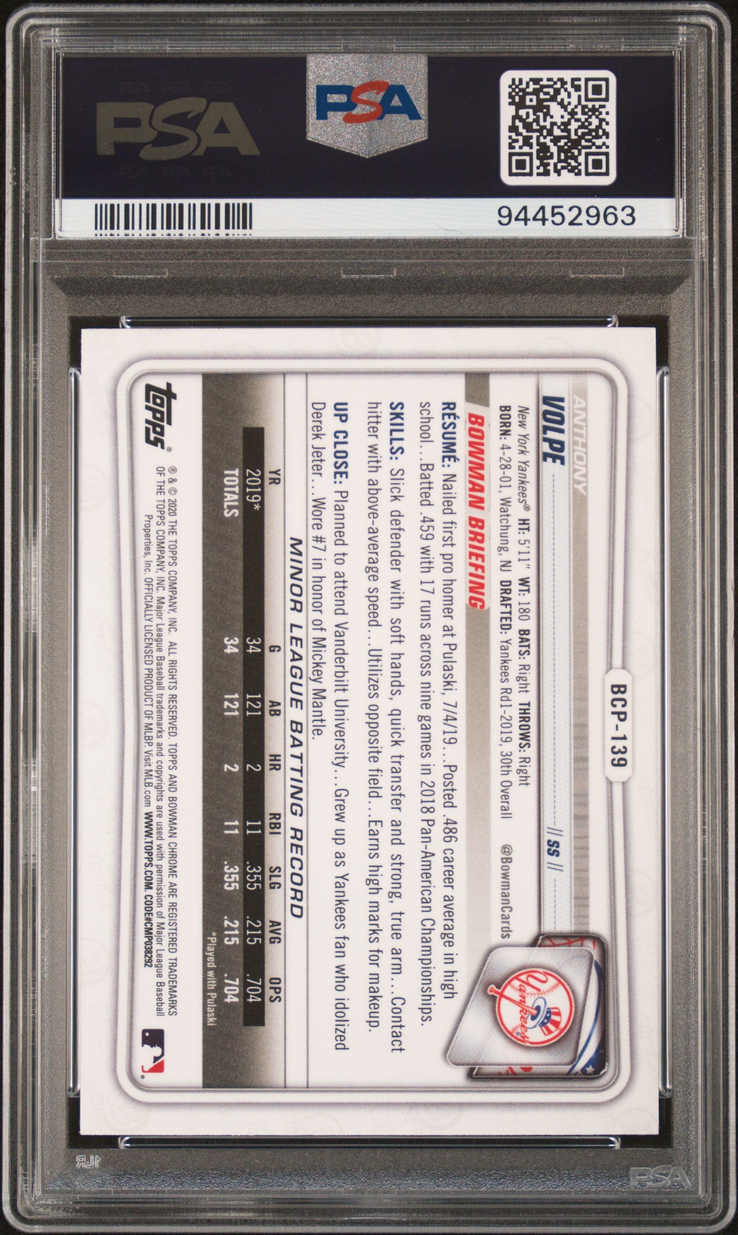 2020 Bowman Chrome Prospects #BCP139 Anthony Volpe Prospects PSA 10