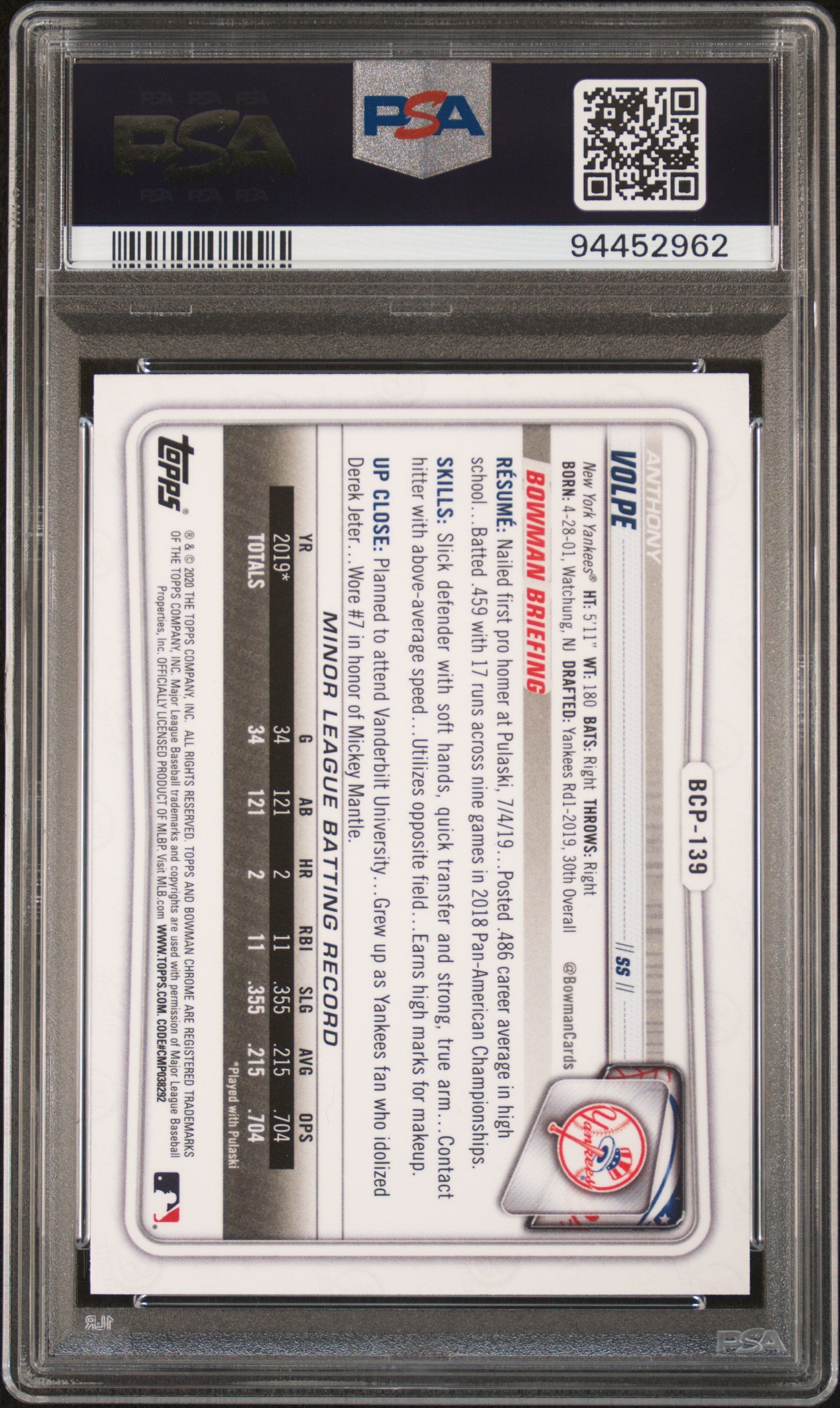 2020 Bowman Chrome Prospects #BCP139 Anthony Volpe Prospects PSA 10