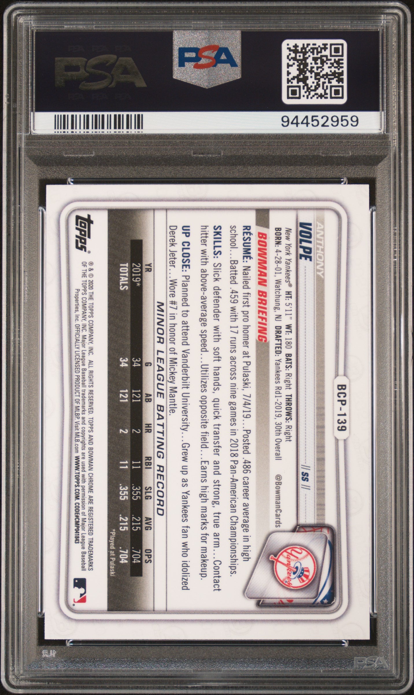 2020 Bowman Chrome Sapphire Edition #BCP139 Anthony Volpe Sapphire Edition PSA 9