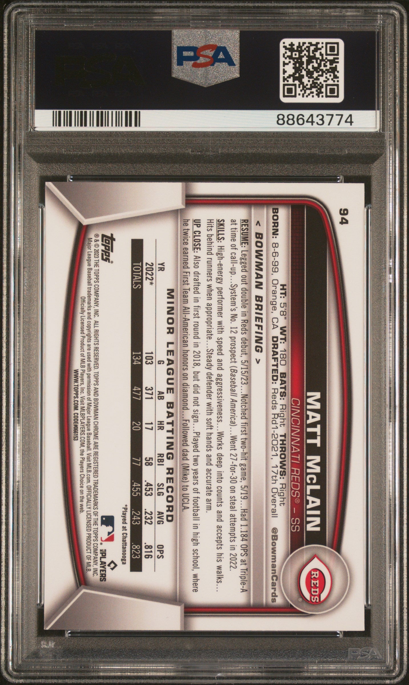 2023 Bowman Chrome Sapphire Edition #94 Matt Mclain PSA 10