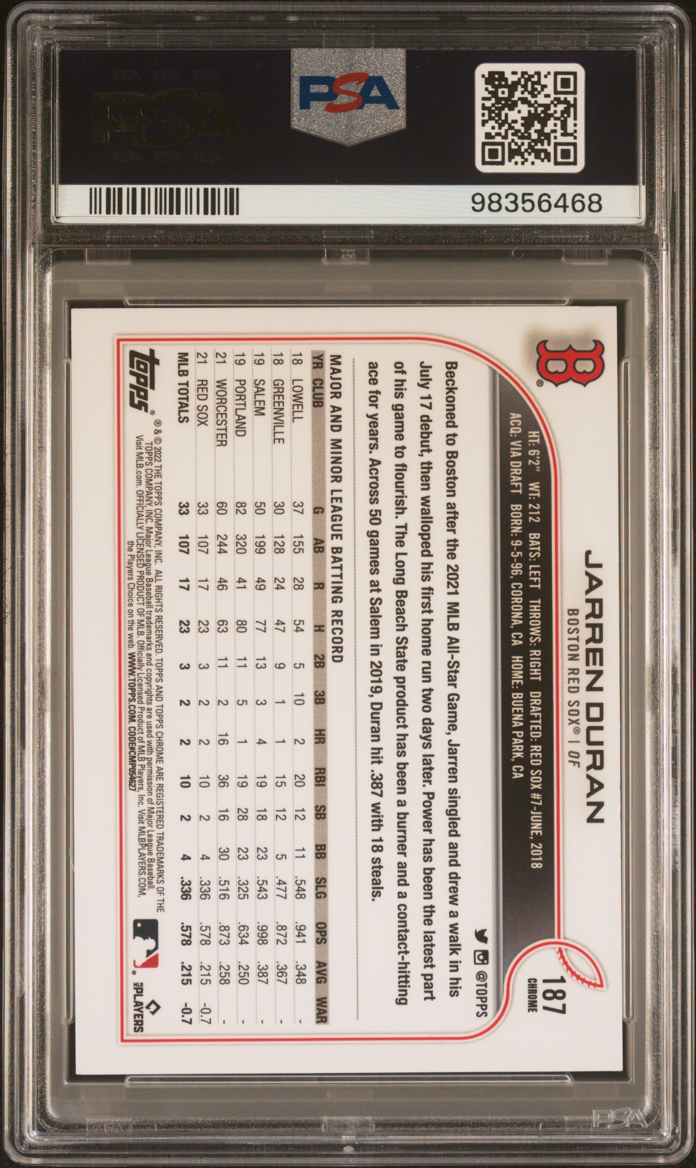 2022 Topps Complete Set #187 Jarren Duran Chrome PSA 9