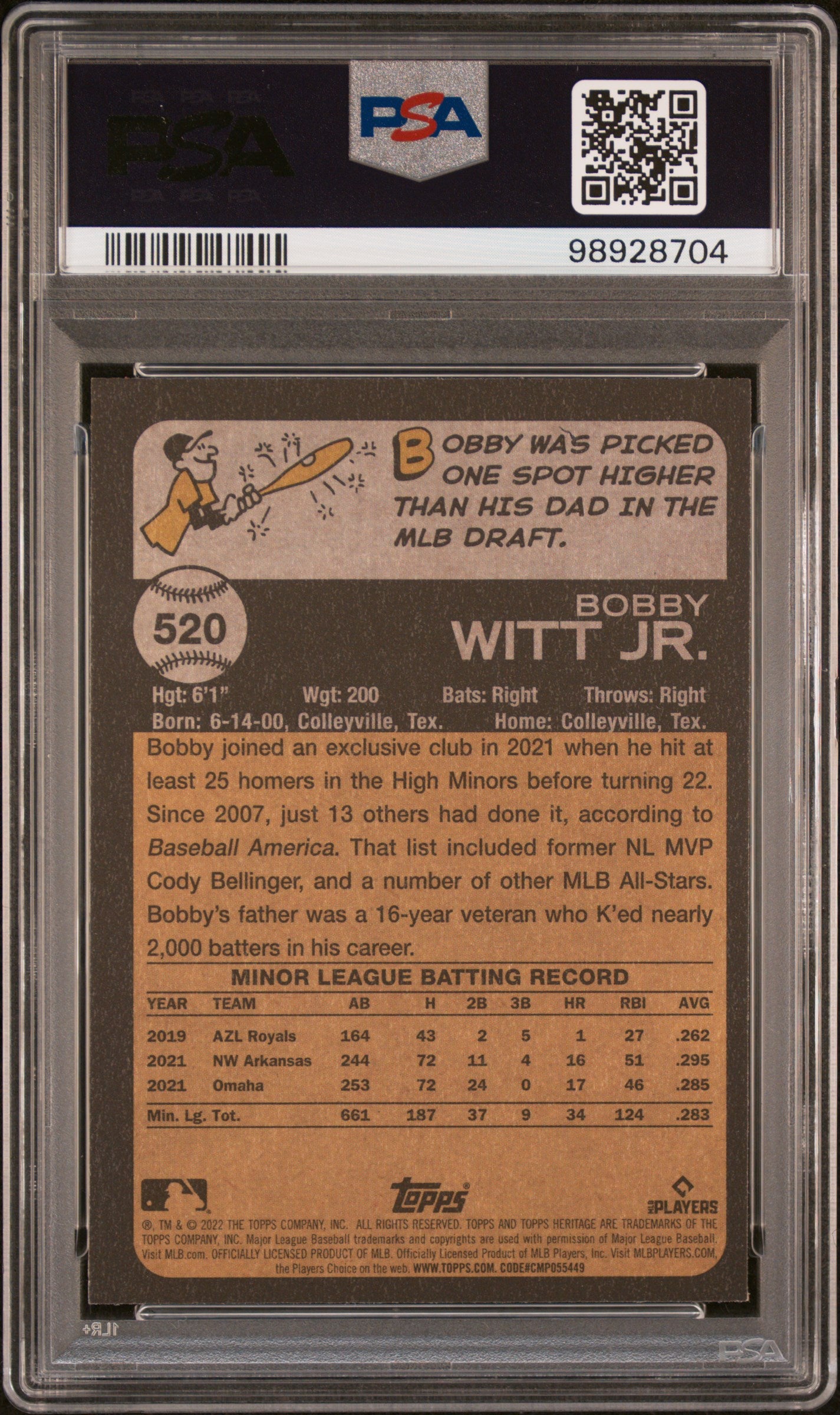 2022 Topps Heritage #520 Bobby Witt Jr. Chrome-Hot Box Refractor PSA 9