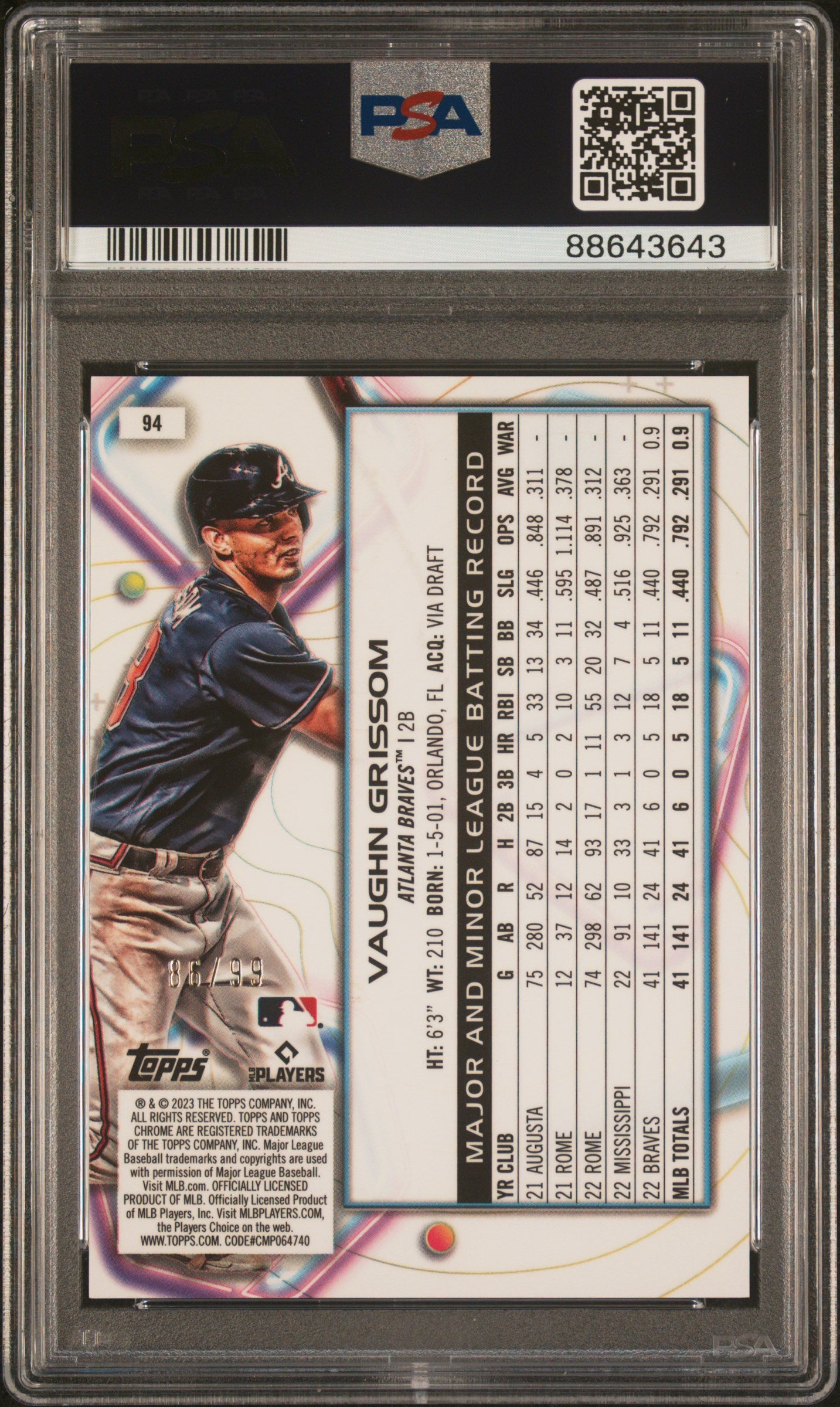 2023 Topps Cosmic Chrome #94 Vaughn Grissom Blue Moon PSA 10
