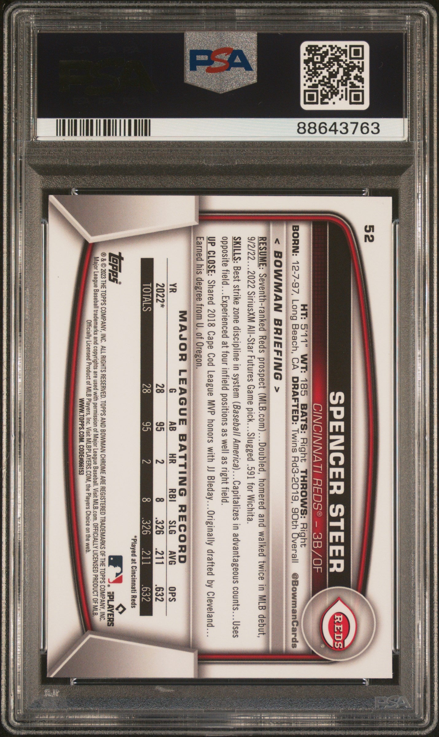 2023 Bowman Chrome Sapphire Edition #52 Spencer Steer PSA 10