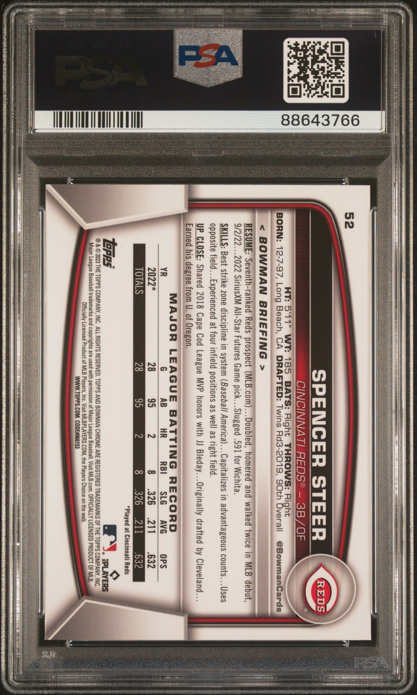 2023 Bowman Chrome Sapphire Edition #52 Spencer Steer PSA 10