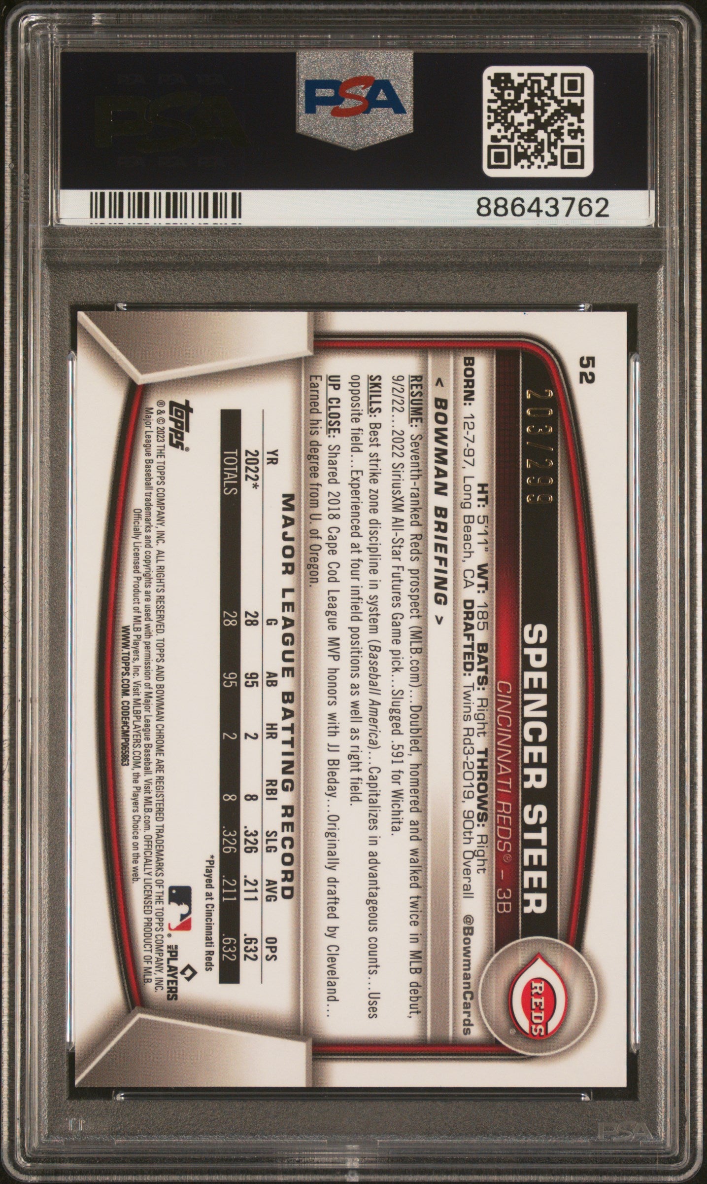 2023 Bowman Chrome #52 Spencer Steer Fuchsia Refractor PSA 10