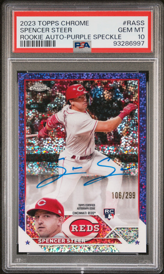 2023 Topps Chrome Rookie Auto#RASS Spencer Steer Purple Speckle /299 PSA 10