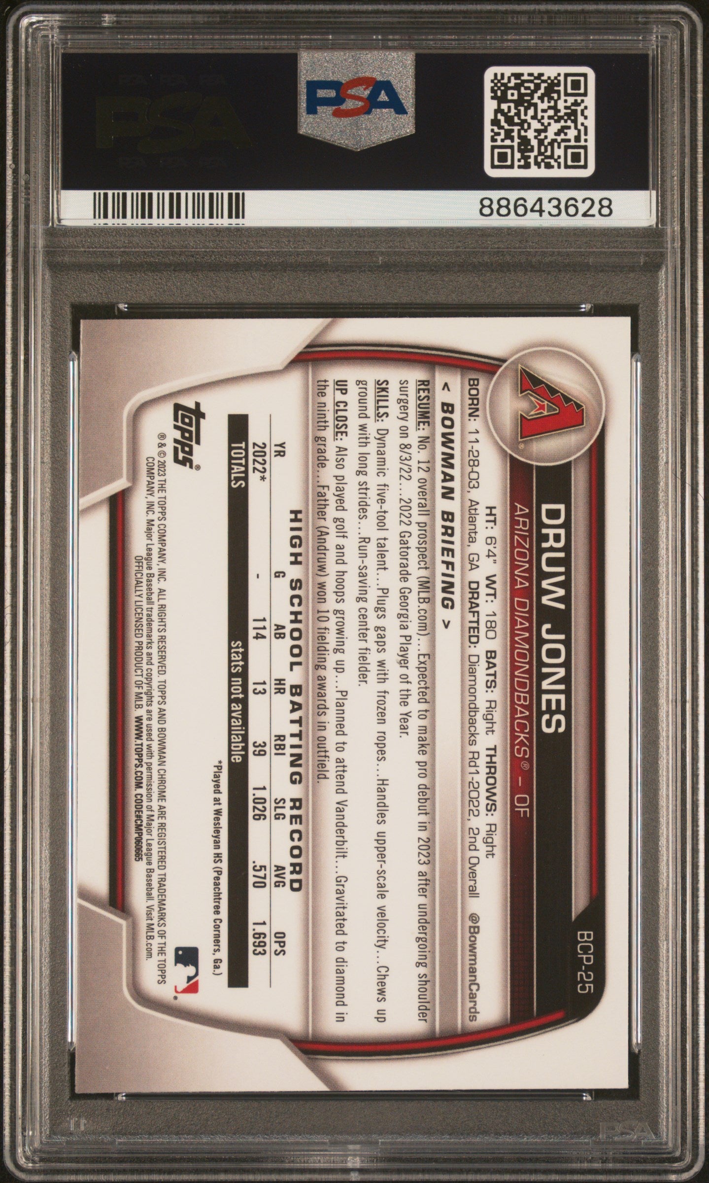 2023 Bowman Chrome Prospects #BCP25 Druw Jones Chrome Prospects PSA 10
