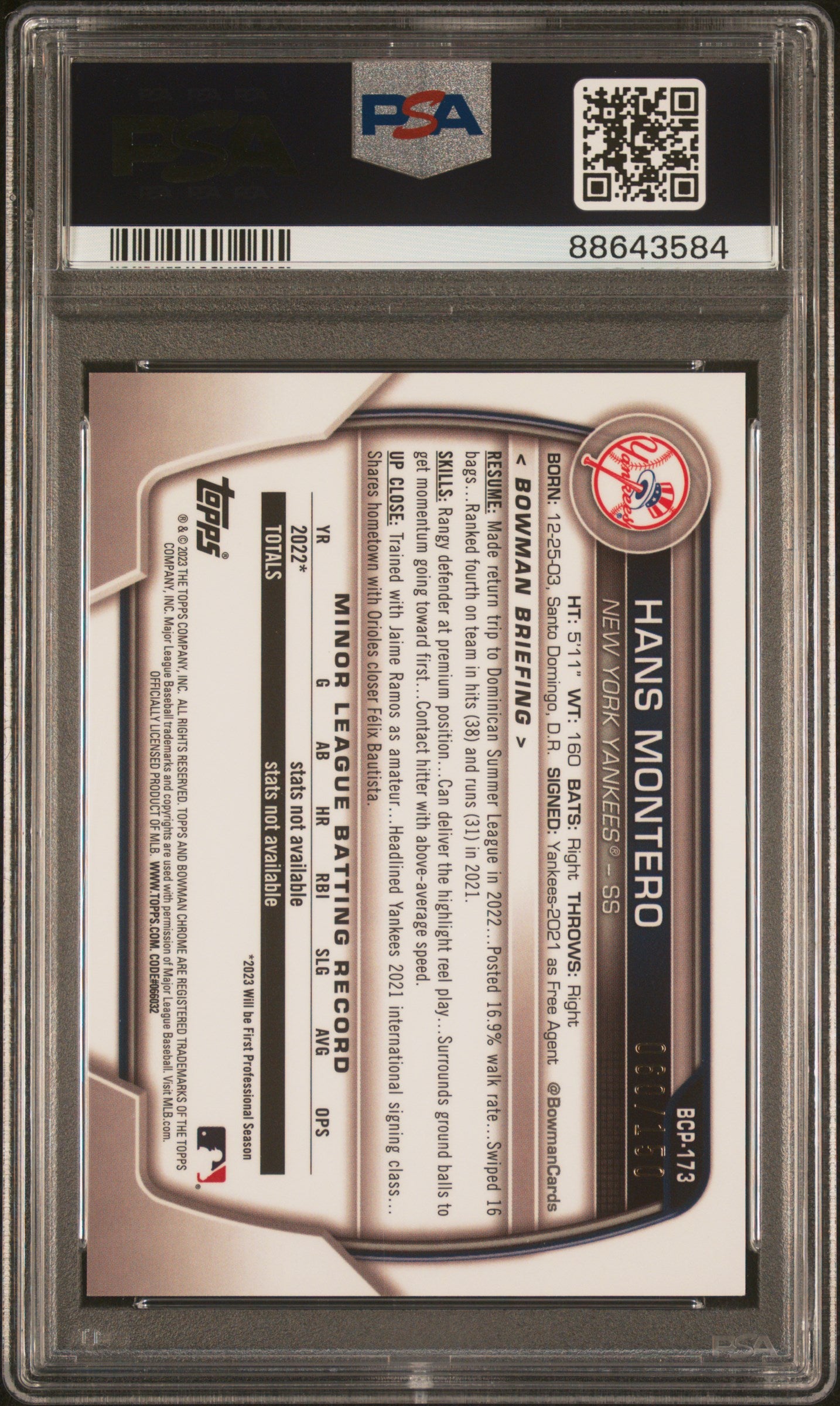 2023 Bowman Mega Box Chrome #173 Hans Montero Blue Refractor PSA 10