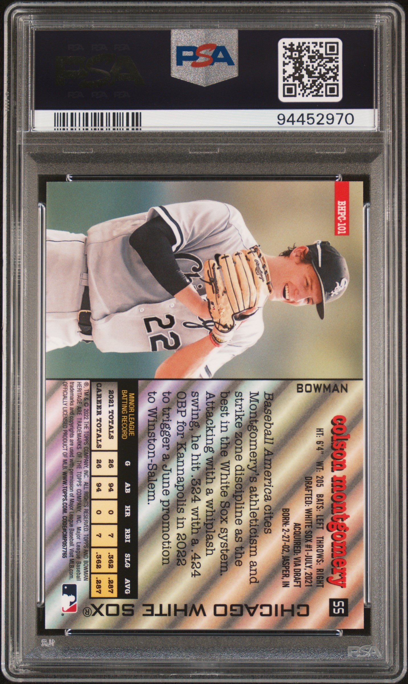 2022 Bowman Heritage Chrome Prospects #101 Colson Montgomery-Gold/50 PSA 10