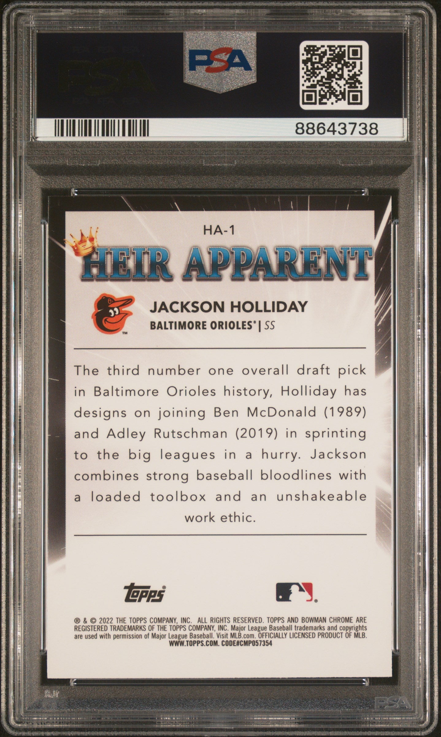 2022 Bowman Draft Heir Apparent #HA1 Jackson Holliday Heir Apparent PSA 10