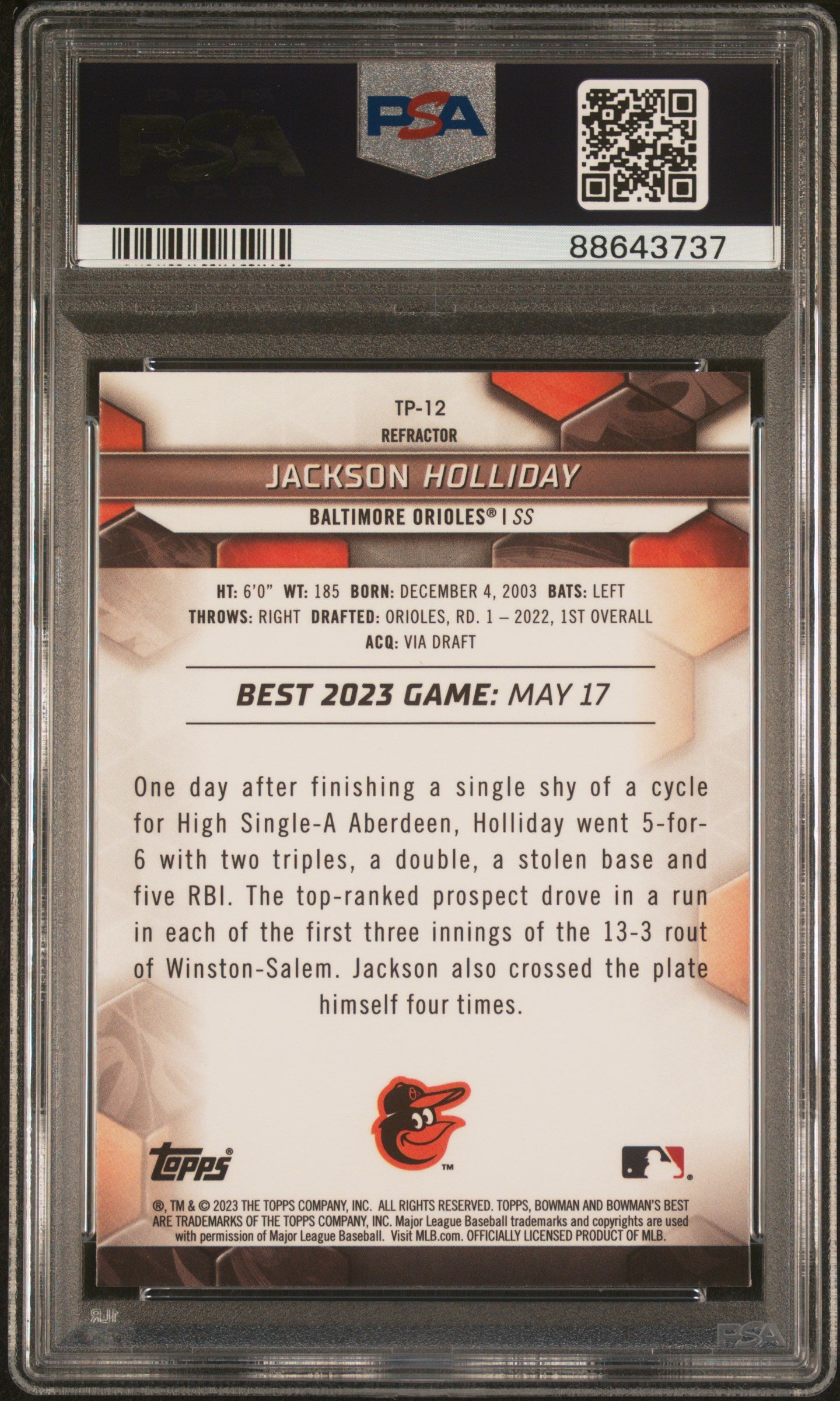 2023 Bowman'S Best Top Prospects #TP12 Jackson Holliday-Refractor PSA 10