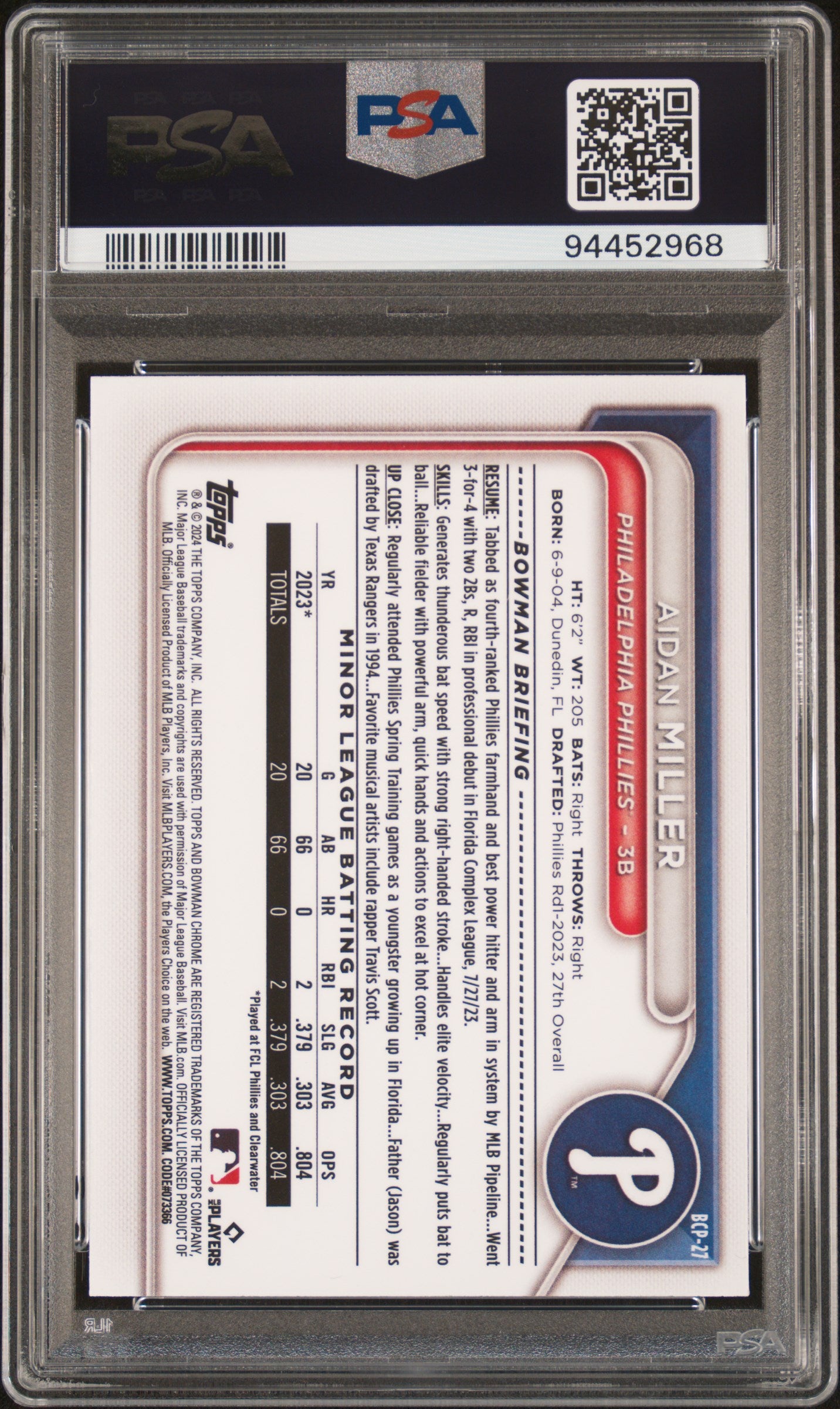 2024 Bowman Mega Box Chrome Prospects #27 Aidan Miller PSA 10