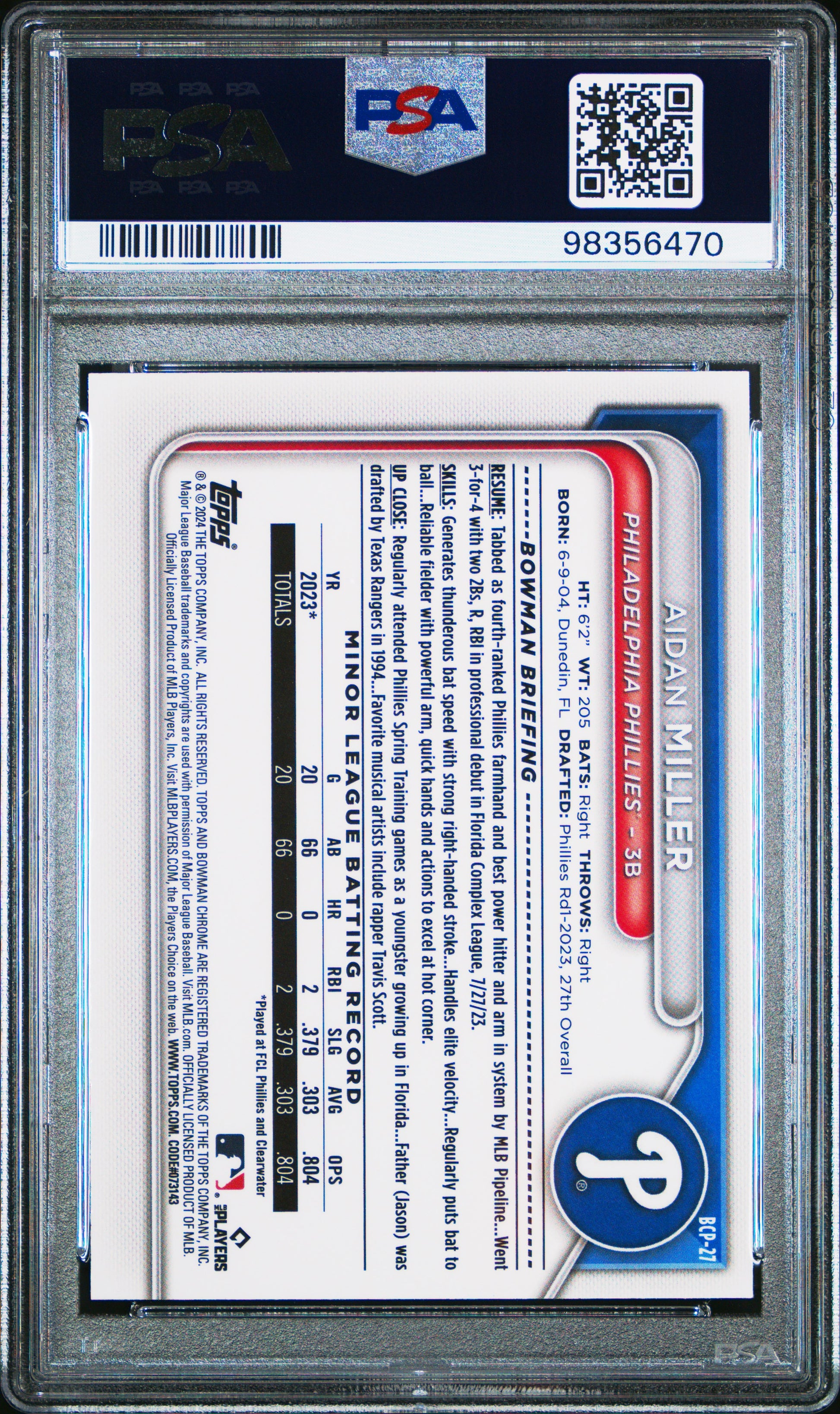 2024 Bowman Chrome Prospects #BCP27 Aidan Miller-Lunar Glow PSA 10