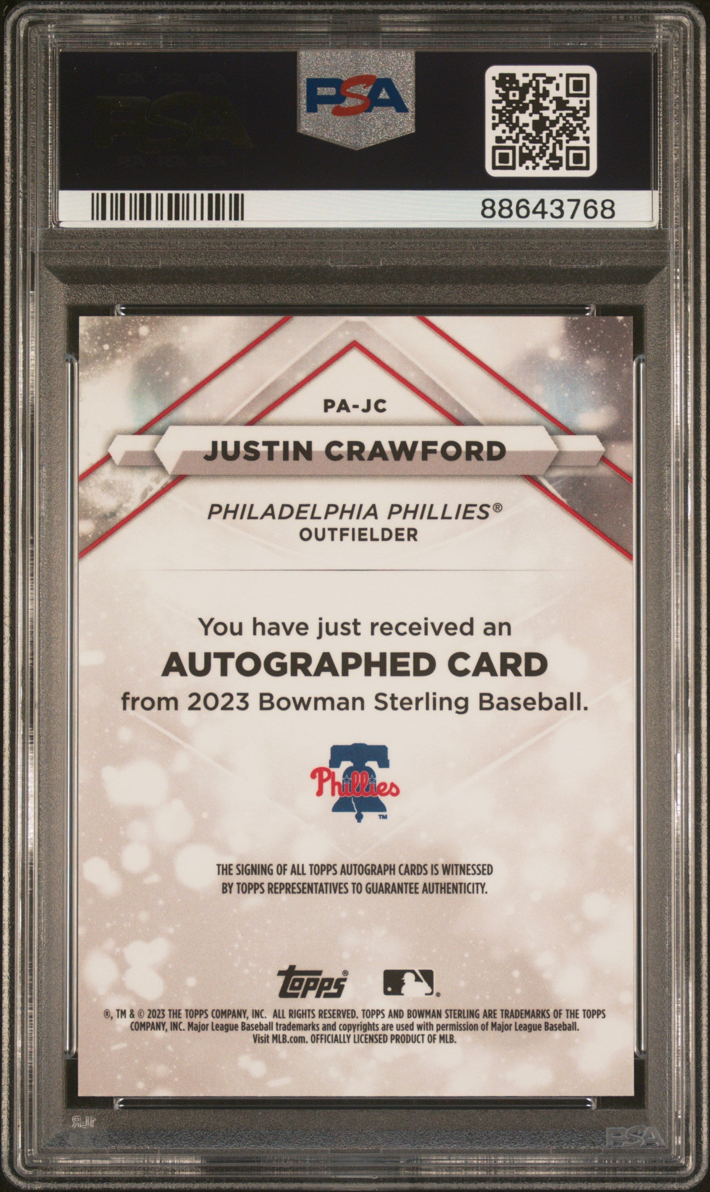 2023 Bowman Sterling Autographs #PAJC Justin Crawford Auto-Gold/50 Ref PSA 10