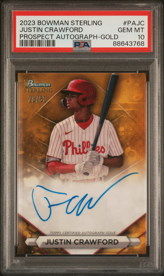 2023 Bowman Sterling Autographs #PAJC Justin Crawford Auto-Gold/50 Ref PSA 10