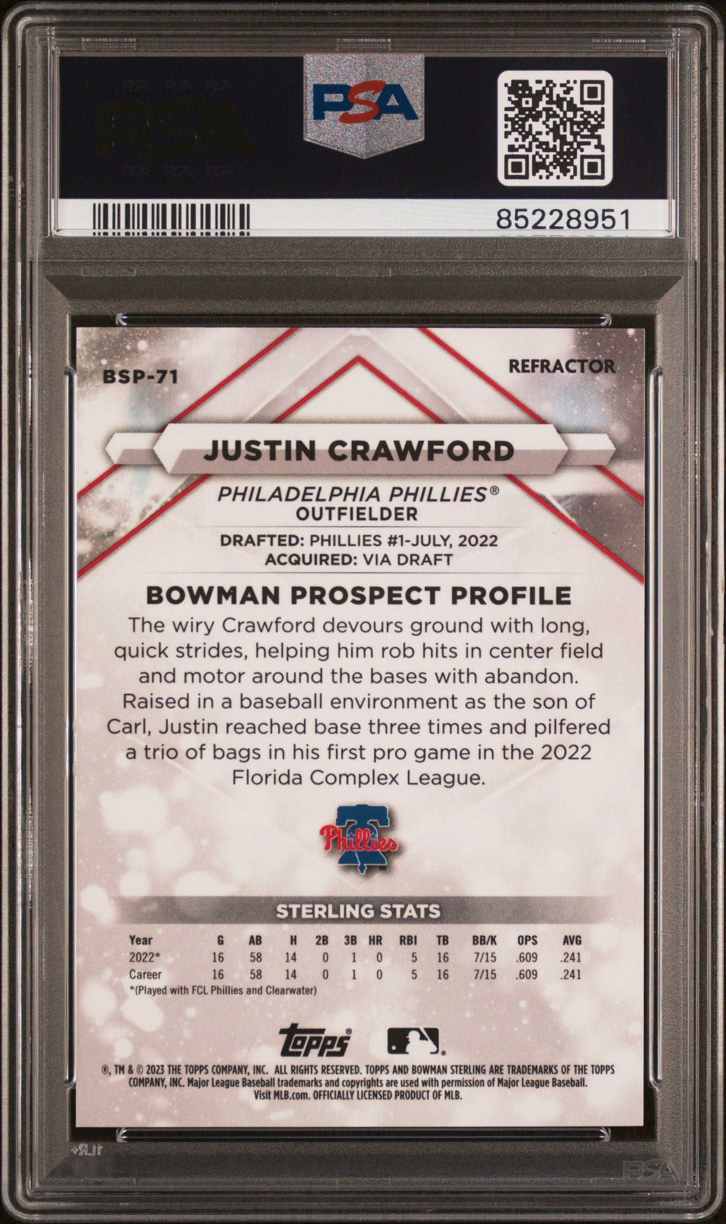 2023 Bowman Sterling #BSP71 Justin Crawford Refractor PSA 10