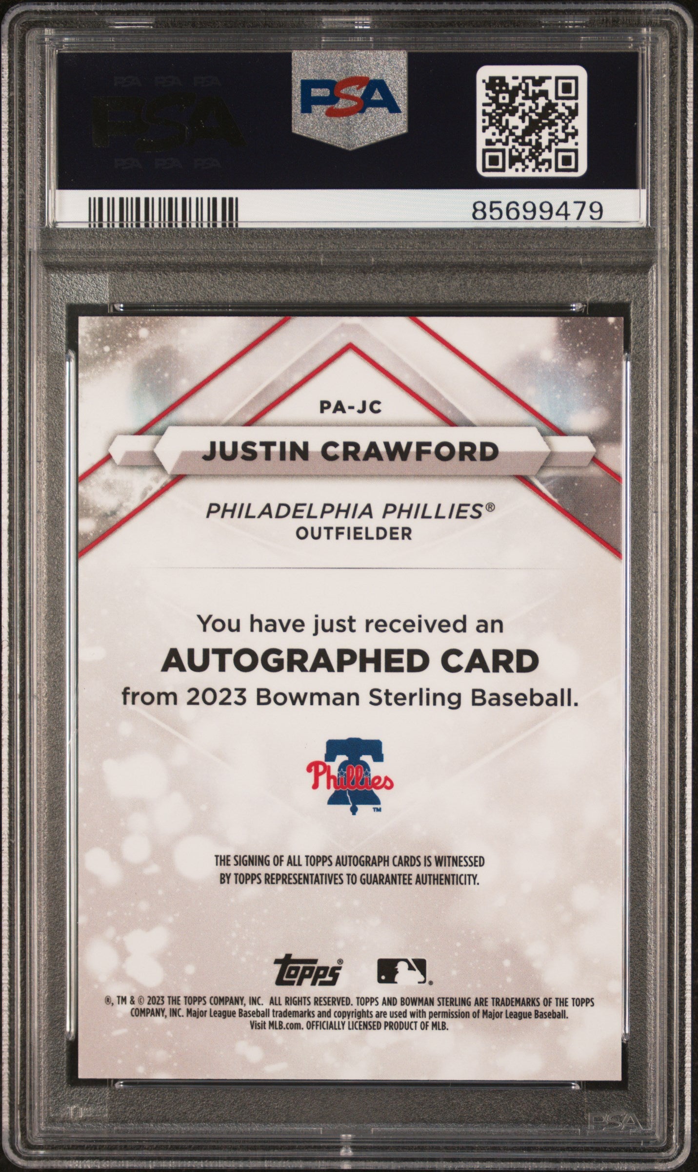 2023 Bowman Sterling Autographs #PAJC Justin Crawford-Red/5 PSA 9
