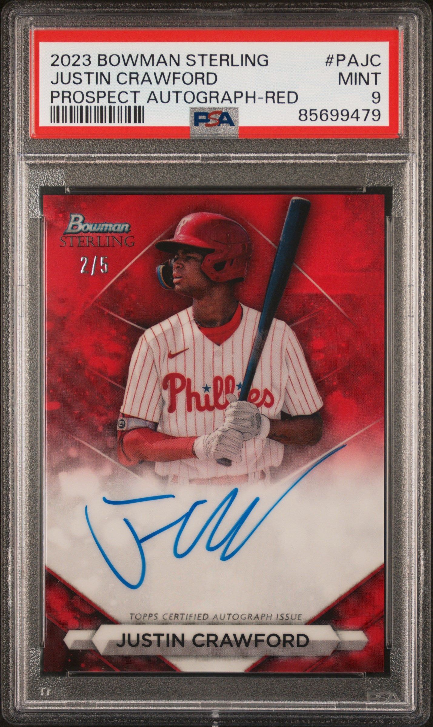 2023 Bowman Sterling Autographs #PAJC Justin Crawford-Red/5 PSA 9