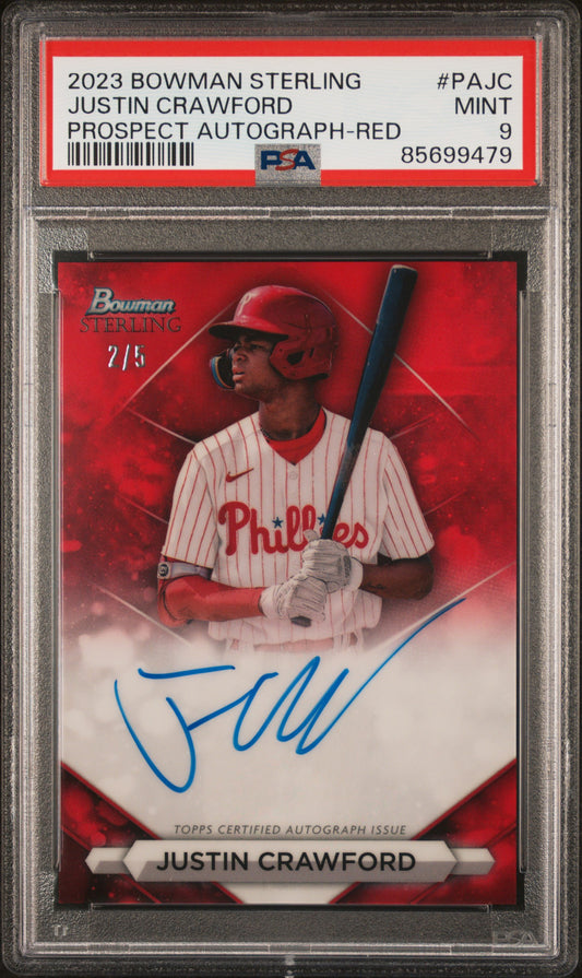 2023 Bowman Sterling Autographs #PAJC Justin Crawford-Red/5 PSA 9