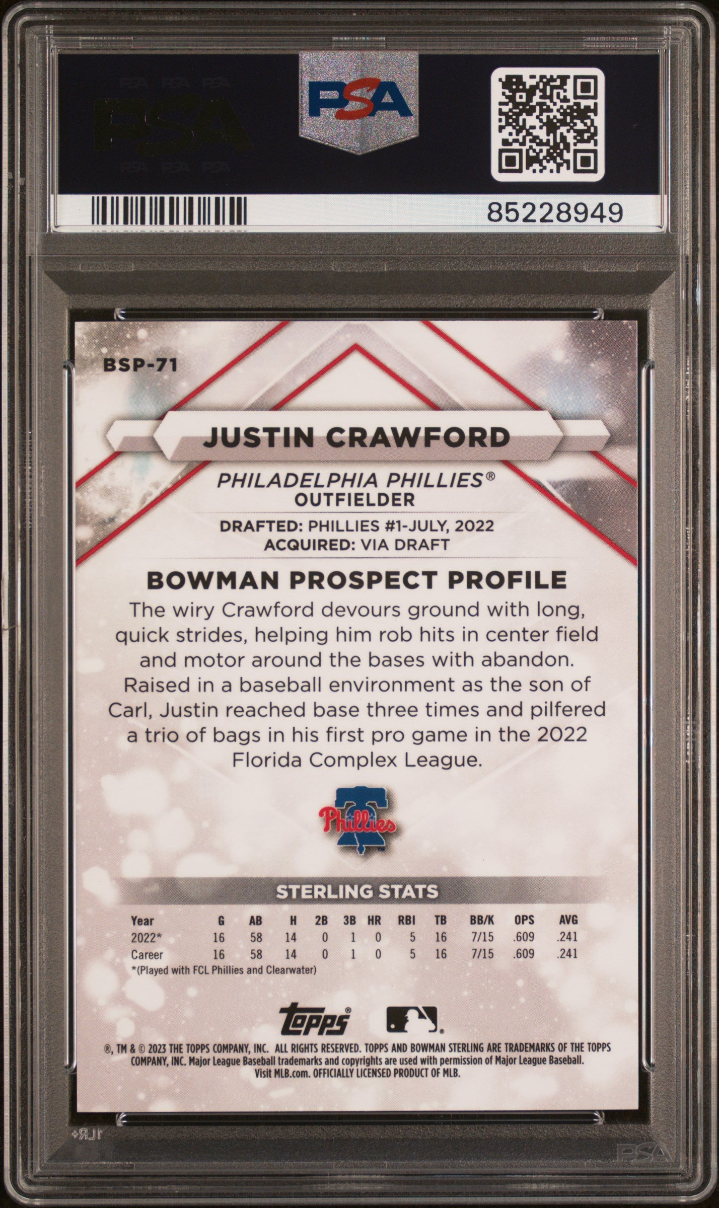 2023 Bowman Sterling #BSP71 Justin Crawford Gold Refractor PSA 10