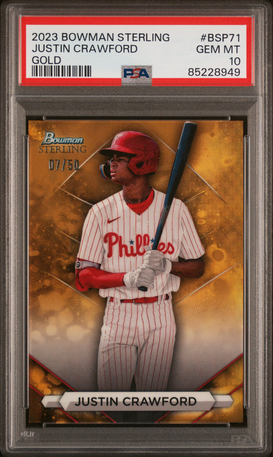 2023 Bowman Sterling #BSP71 Justin Crawford Gold Refractor PSA 10