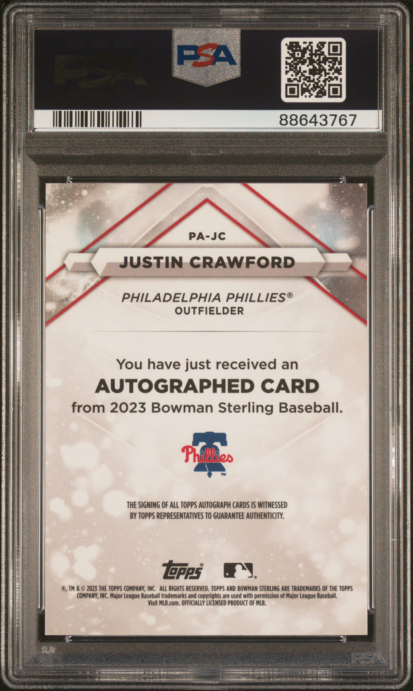 2023 Bowman Sterling Autographs #PAJC Justin Crawford-Gold/50 Ref PSA 10