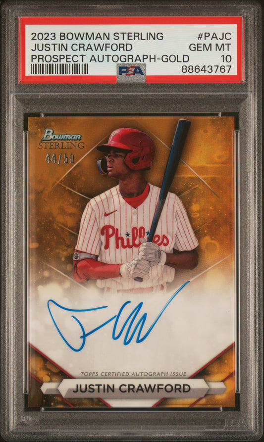 2023 Bowman Sterling Autographs #PAJC Justin Crawford-Gold/50 Ref PSA 10