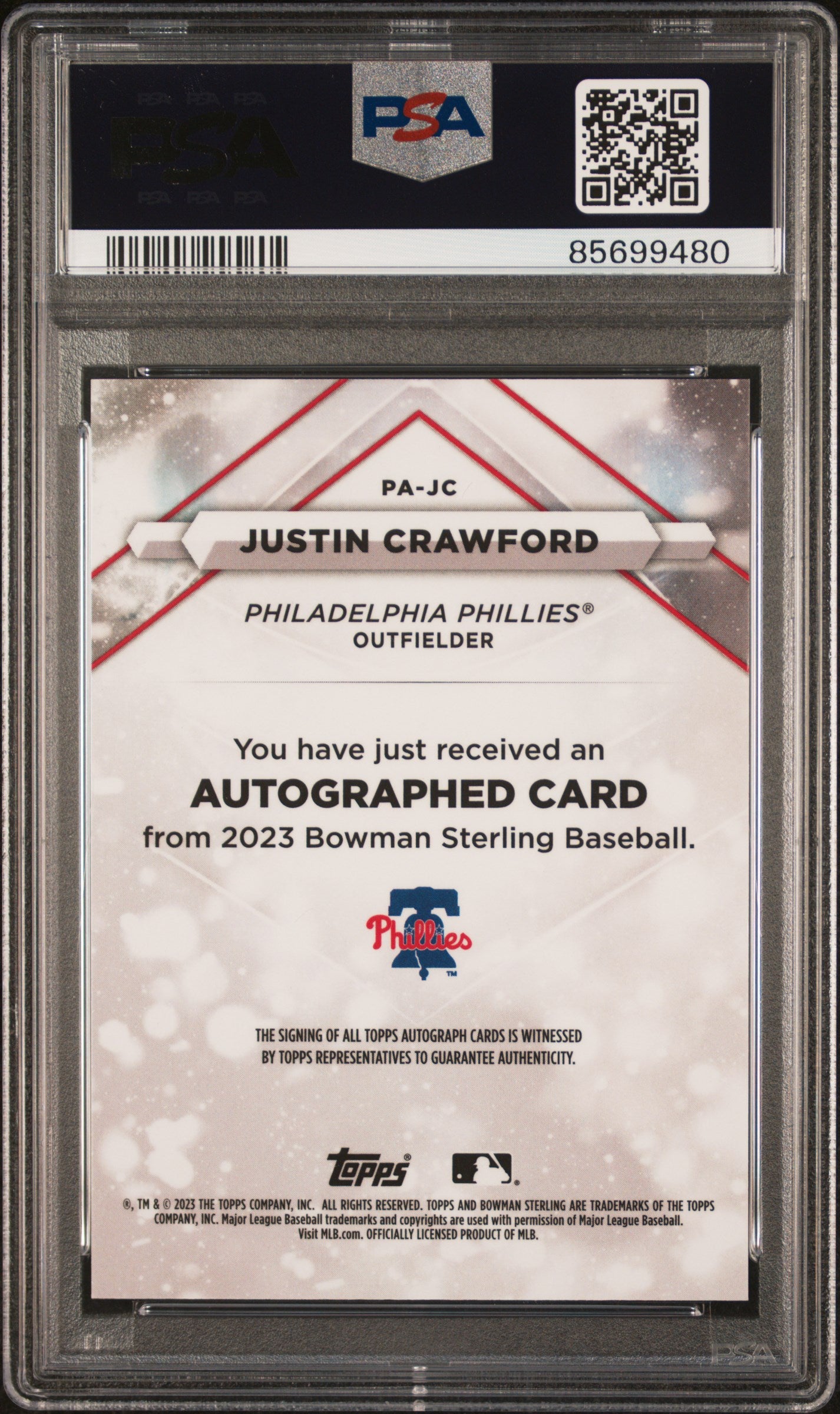 2023 Bowman Sterling Autographs #PAJC Justin Crawford-Black Lava/10 PSA 10