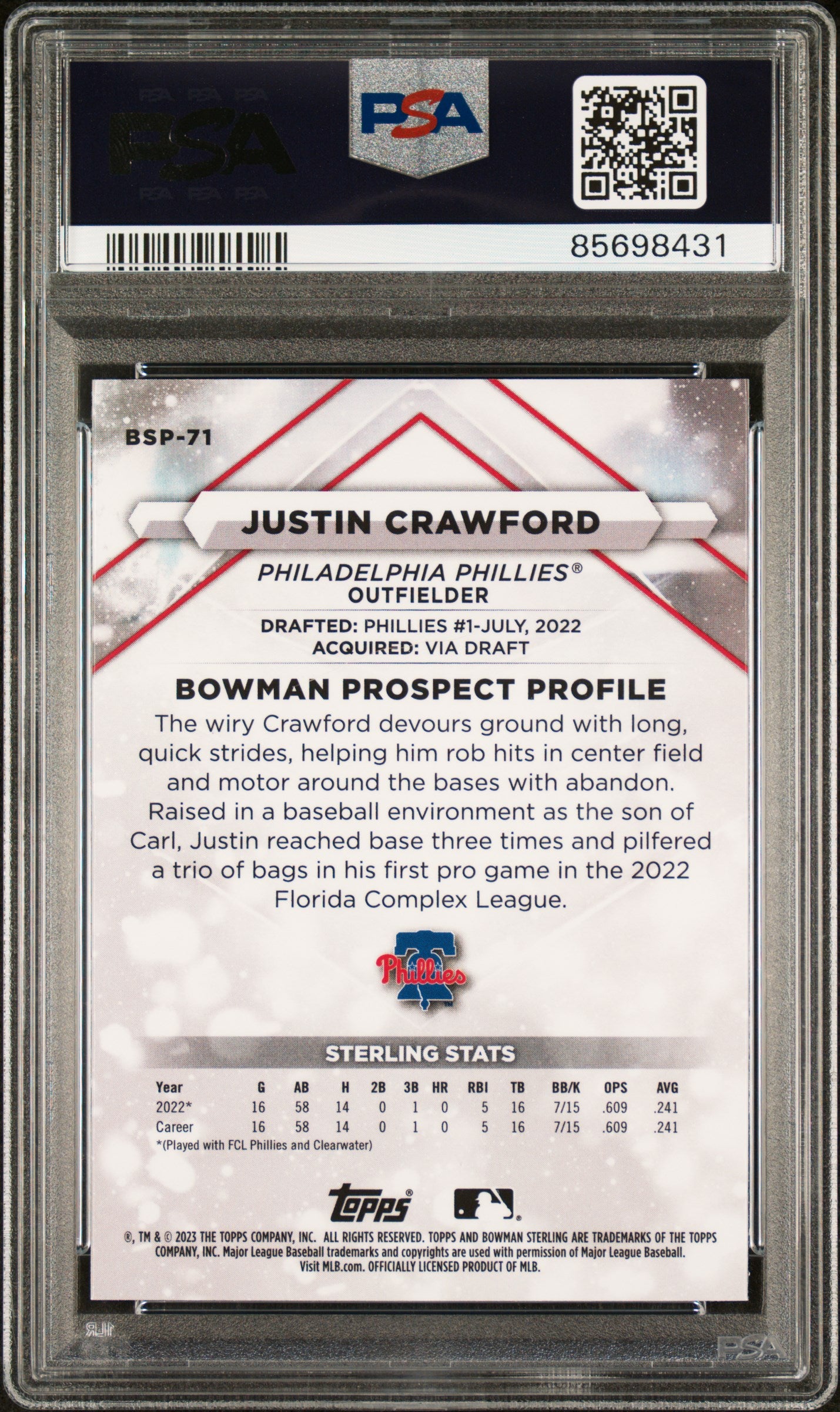 2023 Bowman Sterling #BSP71 Justin Crawford PSA 10