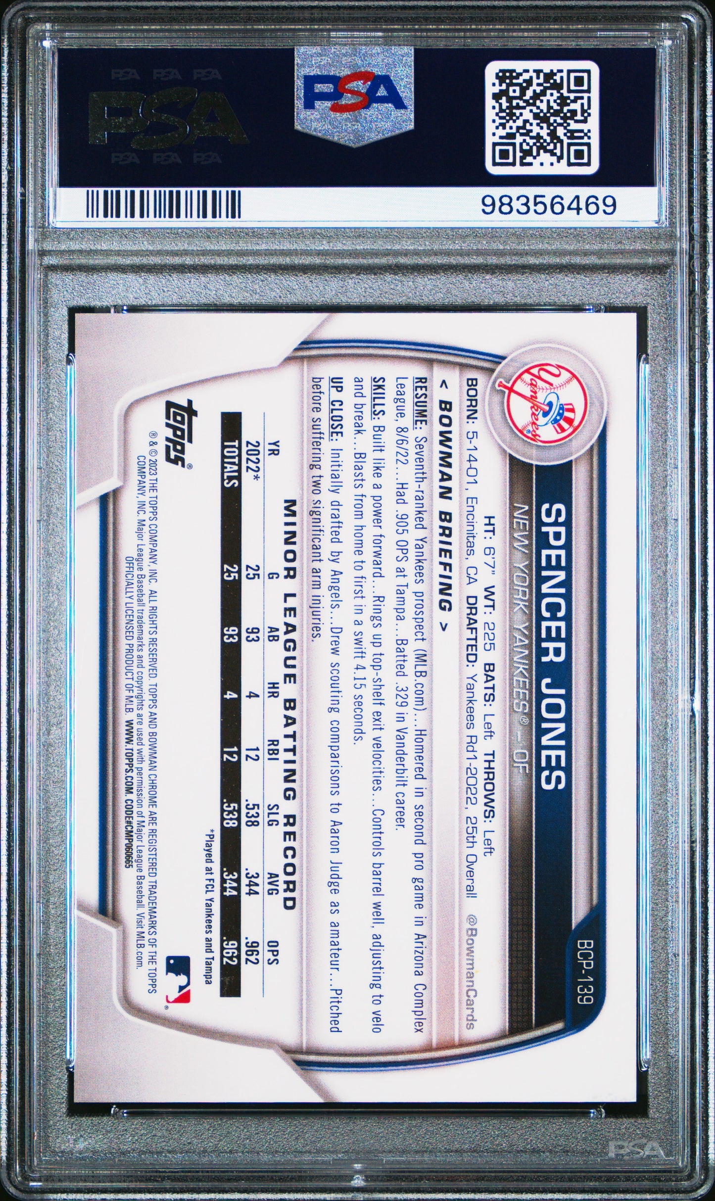 2023 Bowman Chrome Prospects #BCP139 Spencer Jones-Speckle/299 PSA 10