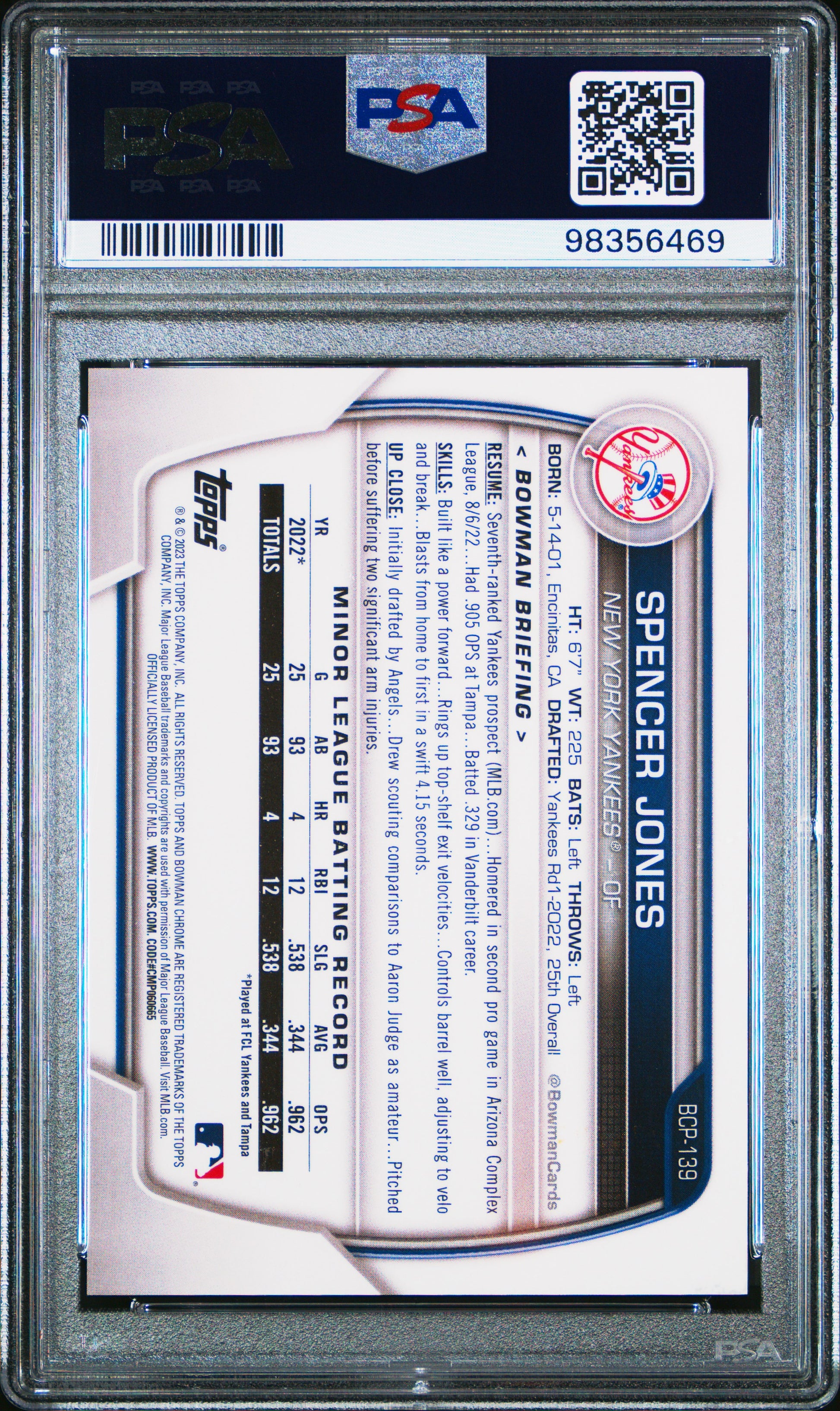 2023 Bowman Chrome Prospects #BCP139 Spencer Jones-Speckle/299 PSA 10