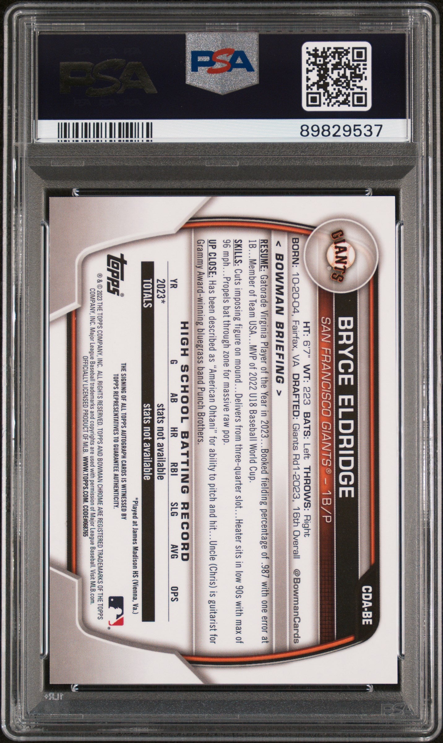 2023 Bowman Draft Chrome Prospect Autograph #CDABE Bryce Eldridge PSA 10