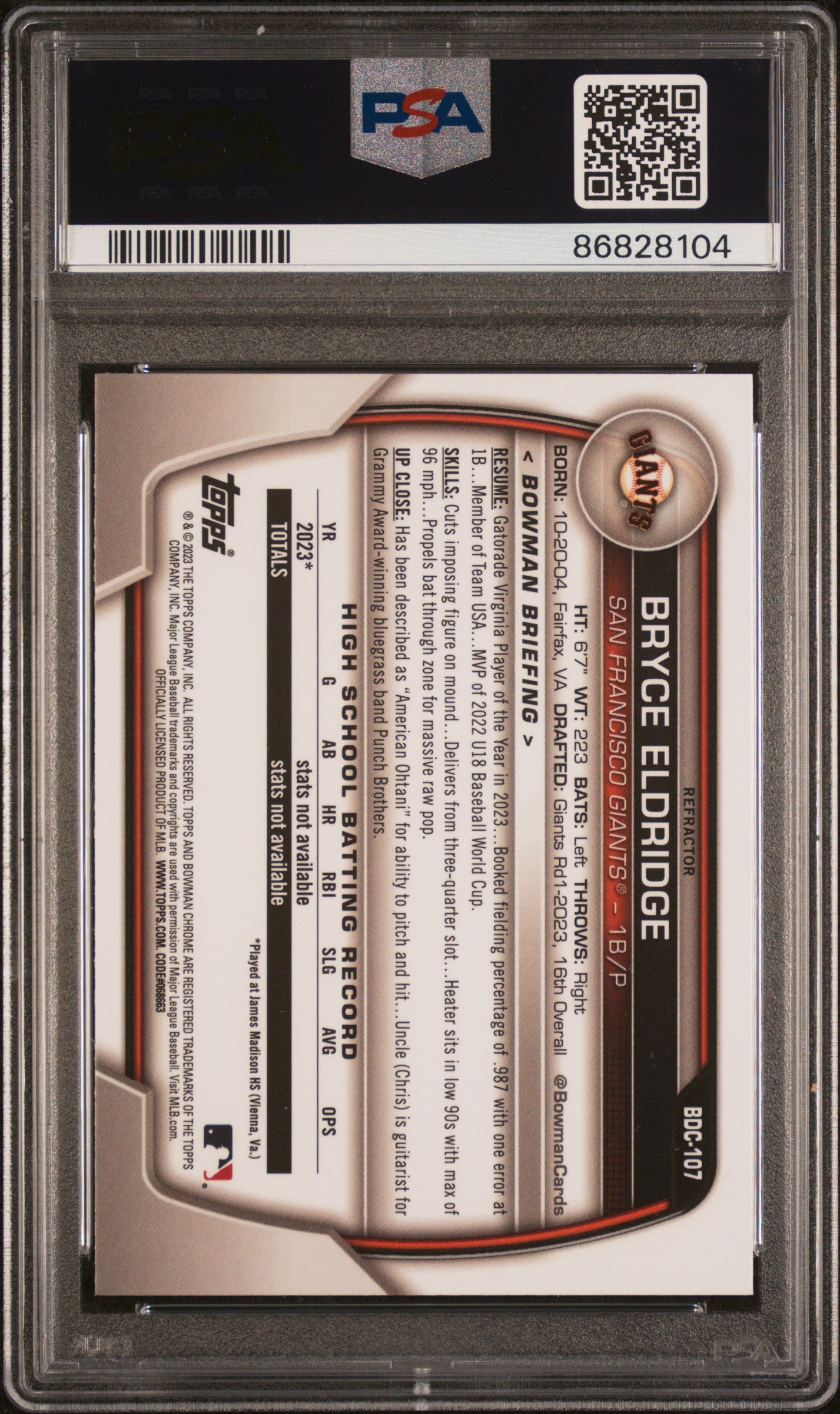 2023 Bowman Draft #BDC107 Bryce Eldridge Chrome-Refractor PSA 10