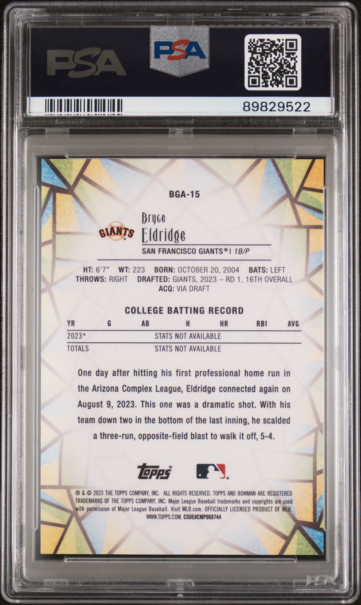2023 Bowman Draft Bowman Glass #BGA15 Bryce Eldridge PSA 10