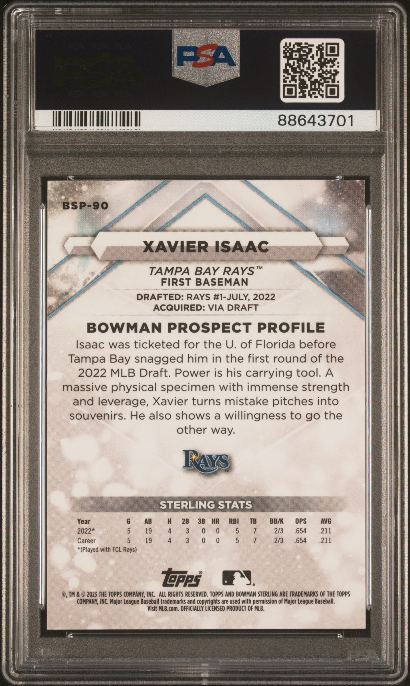 2023 Bowman Sterling #BSP90 Xavier Isaac Magenta Refractor/75 PSA 10