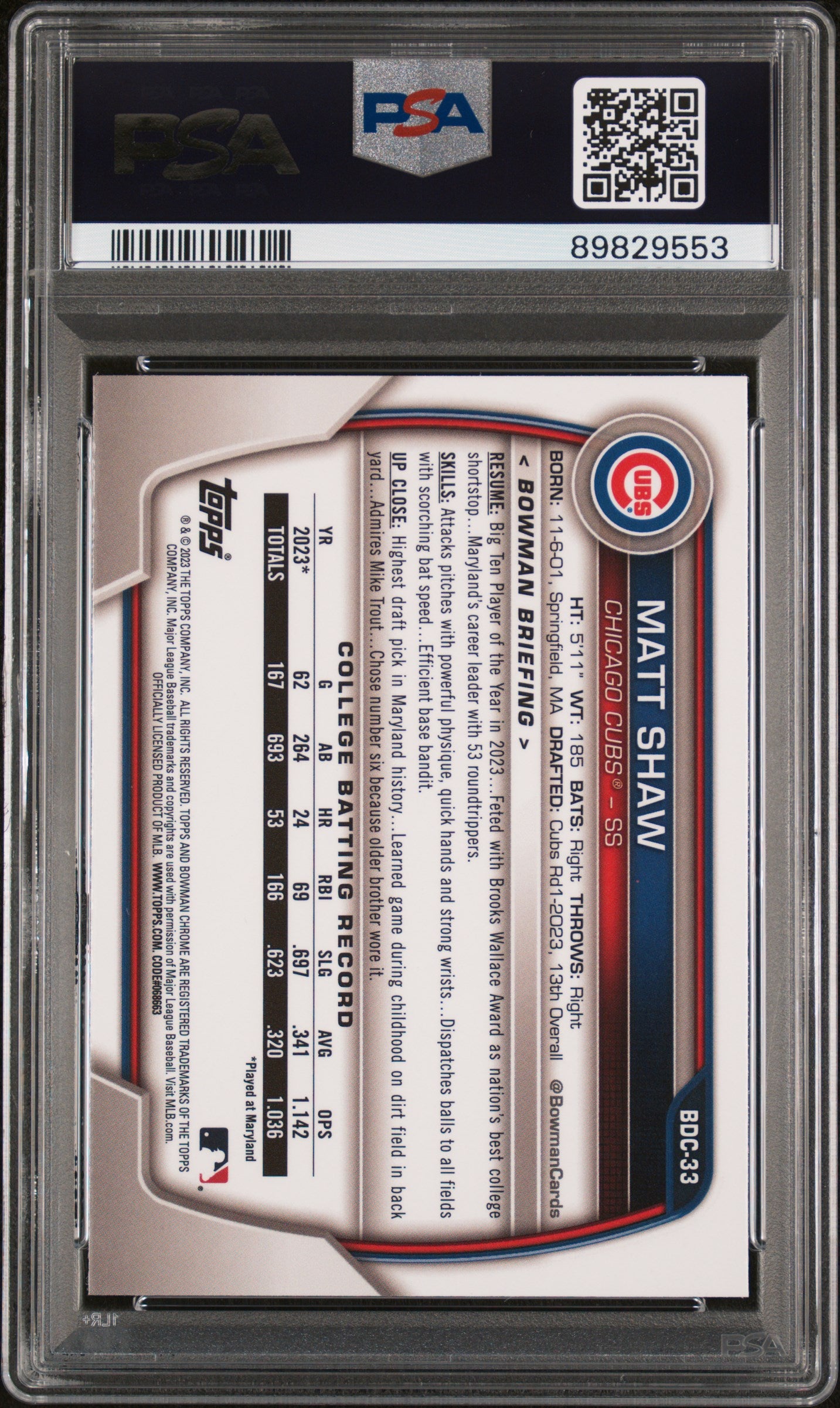 2023 Bowman Draft #BDC33 Matt Shaw Chrome-Lunar Glow PSA 10