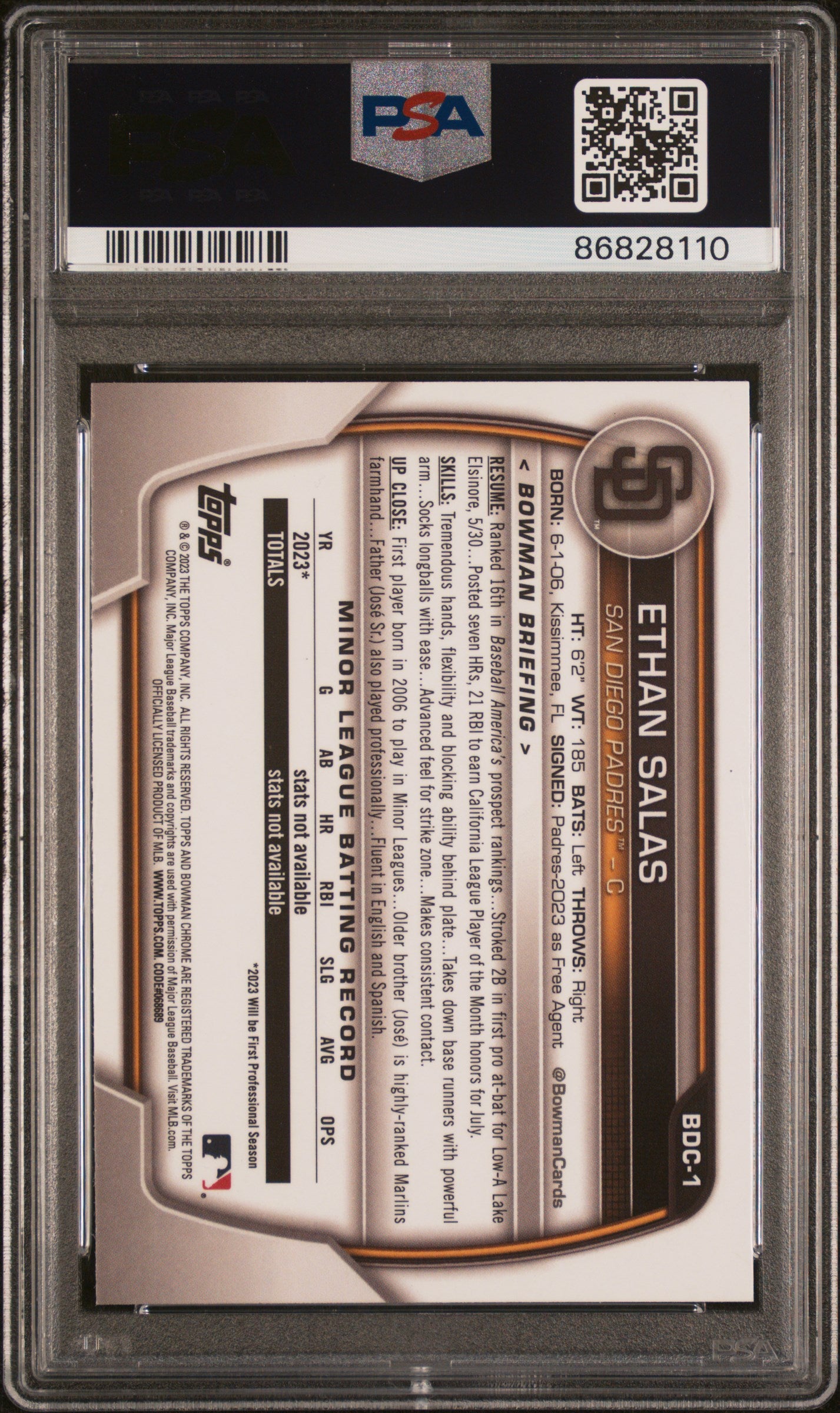 2023 Bowman Draft #BDC1 Ethan Salas Chrome-Sky Blue PSA 10