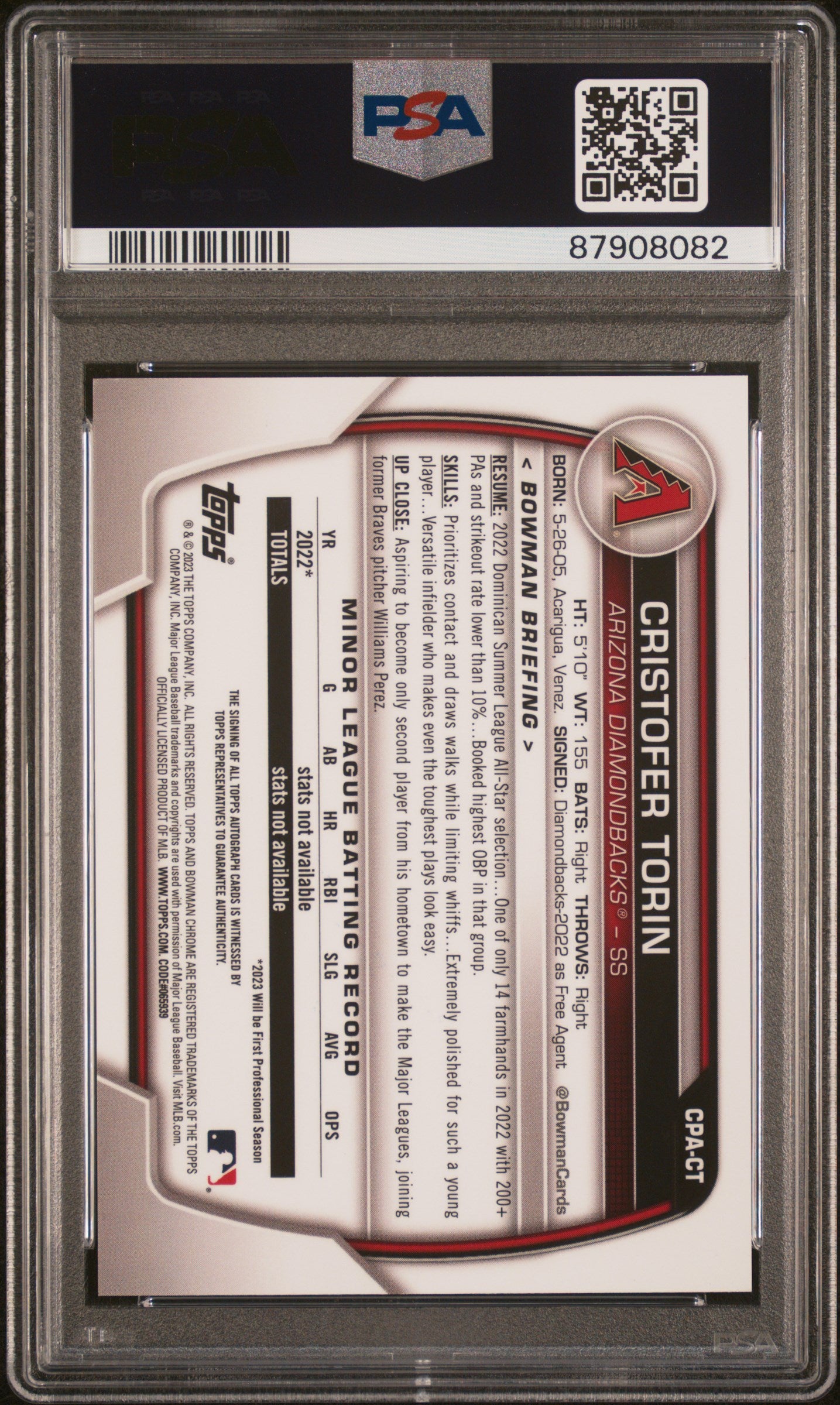 2023 Bowman Chrome Prospect Auto #CPACT Cristofer Torin-Blue Raywave/150 PSA 10