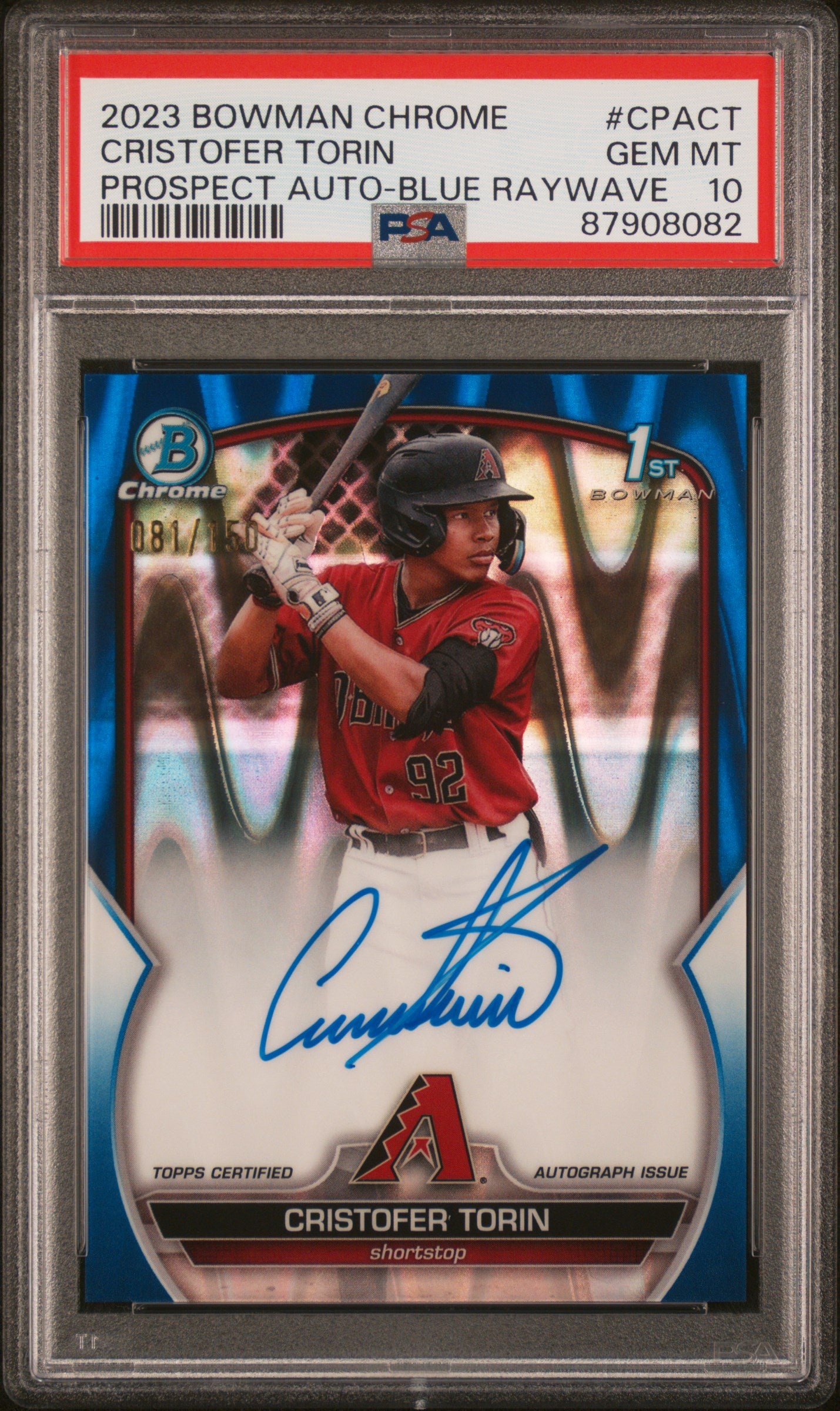 2023 Bowman Chrome Prospect Auto #CPACT Cristofer Torin-Blue Raywave/150 PSA 10