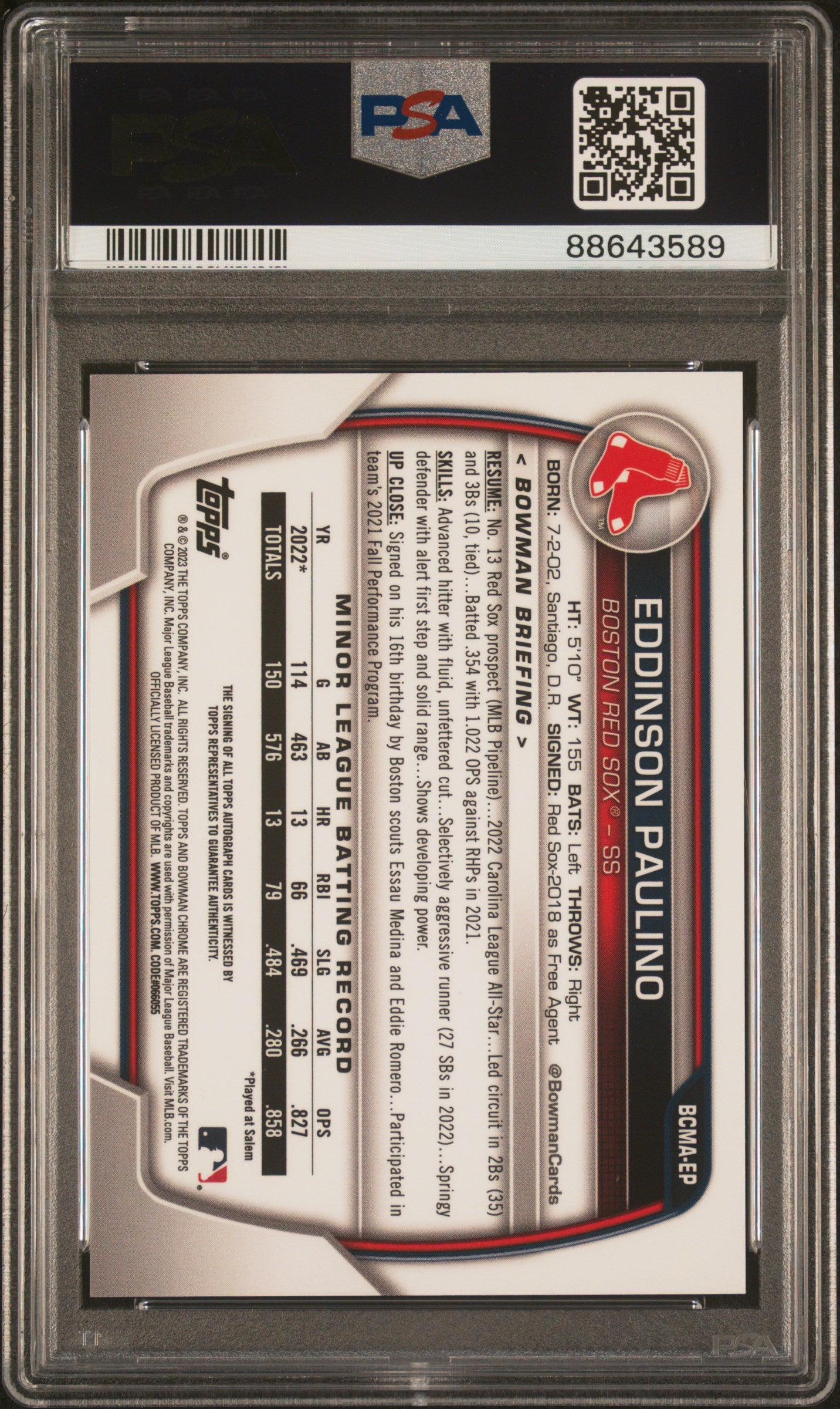 2023 Bowman Chrome Mega Box Autographs #EP Eddinson Paulino PSA 10