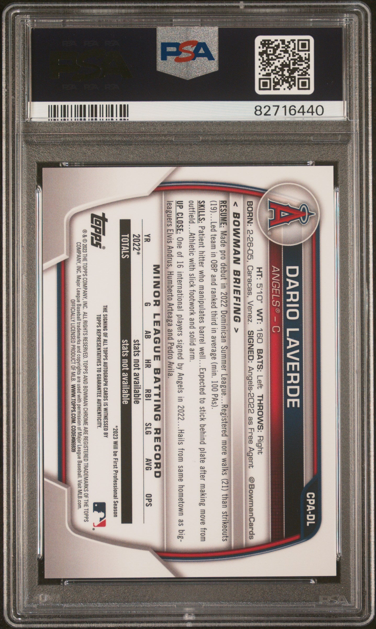 2023 Bowman Chrome Prospect Autographs #CPADL Dario Laverde PSA 10