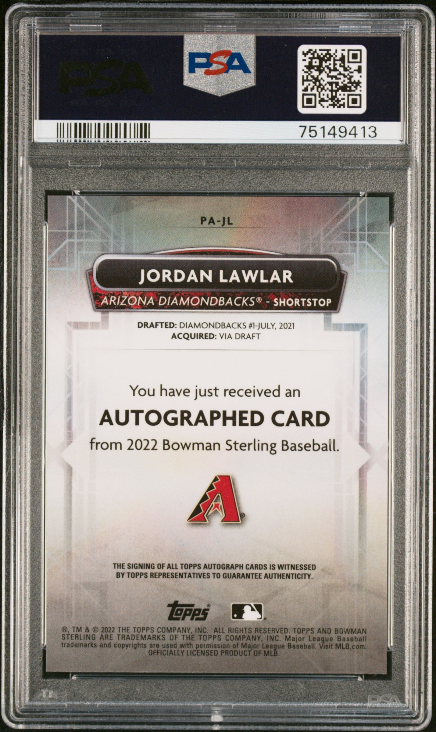 2022 Bowman Sterling Autographs #PAJL Jordan Lawlar PSA 10