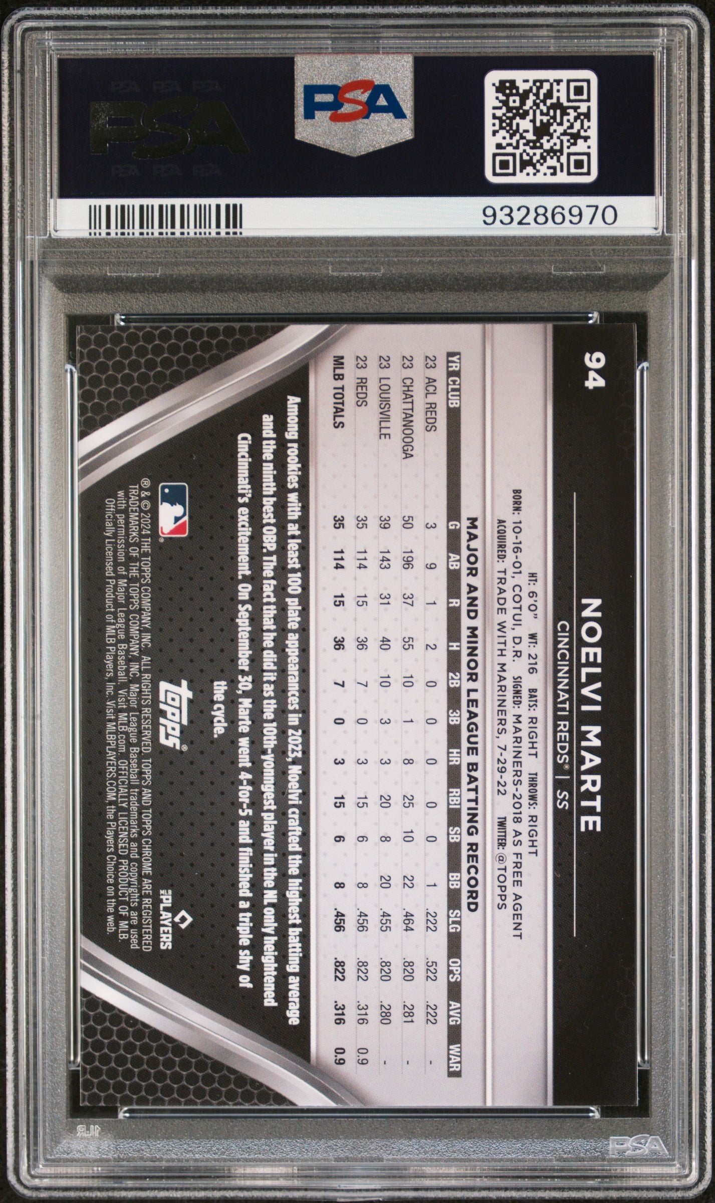 2024 Topps Chrome Black #94 Noelvi Marte PSA 10