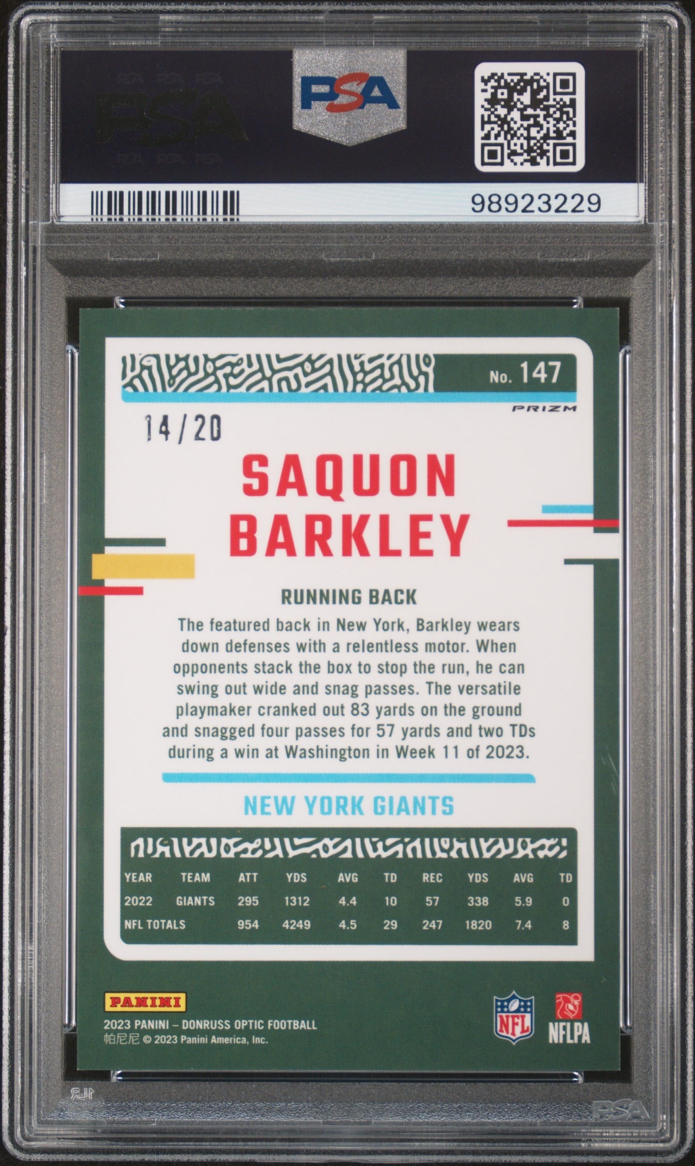 2023 Panini Donruss Optic #147 Saquon Barkley Lime Green PSA 9